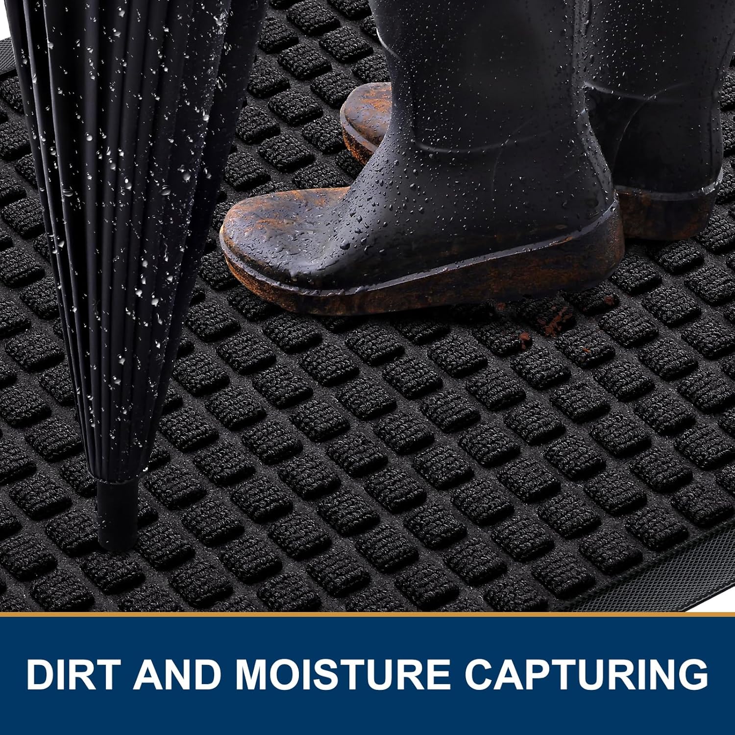 Smiry Front Door Mat Outside Entrance, Heavy Duty Natural Rubber Doormat, Non Slip, Trap Dirt and Moisture, Easy Clean, Low Profile Welcome Floor Mats for Indoor Outdoor Entry, 29.5x17 Inch, Black
