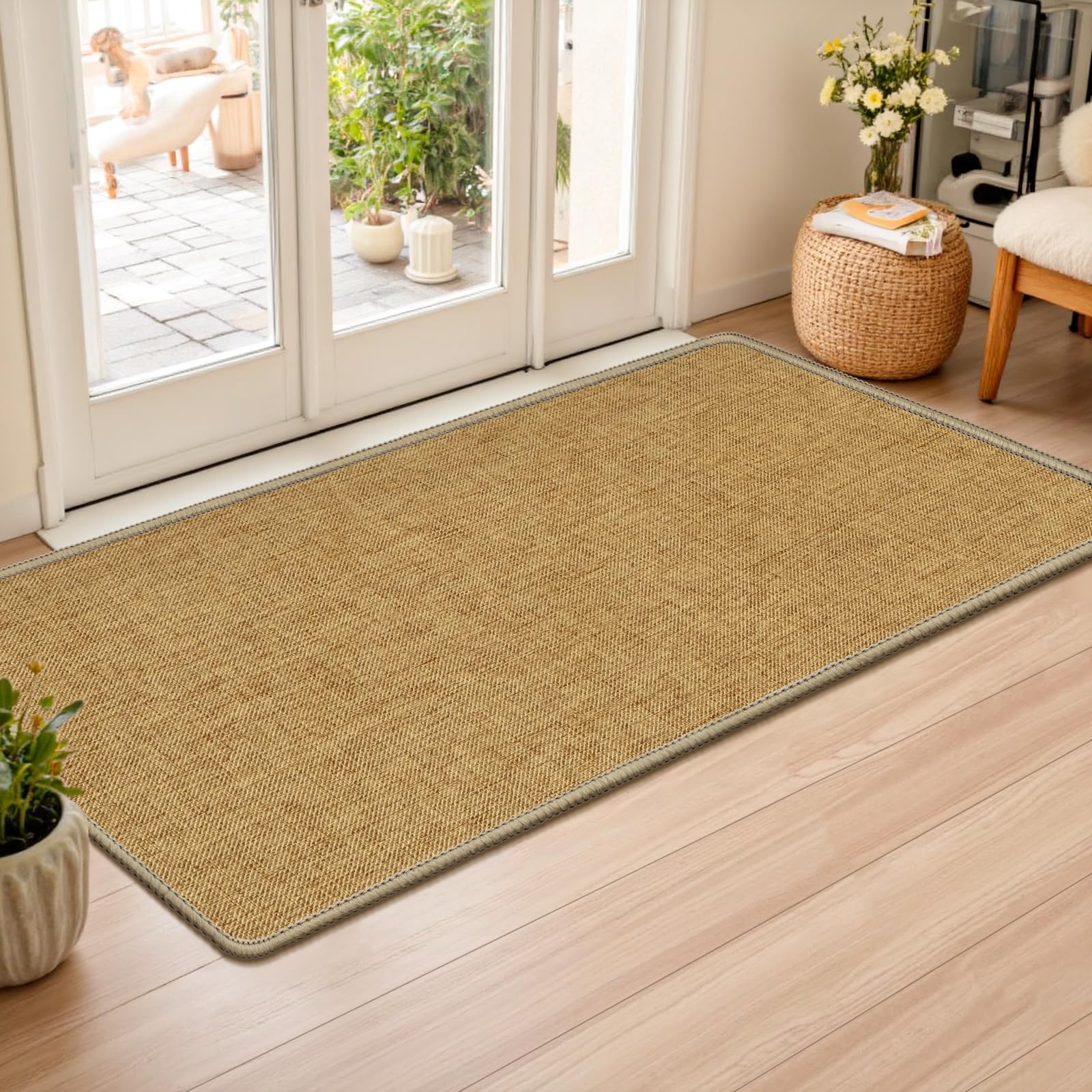 LEKEEPGO Ultra Thin Indoor Door Mat 17"x29", Low-Profile Door Mat Indoor Entrance, Non Slip Rubber Backing Inside Doormat Washable Welcome Front Entryway Dirt Trapper Entry Mat, Khaki