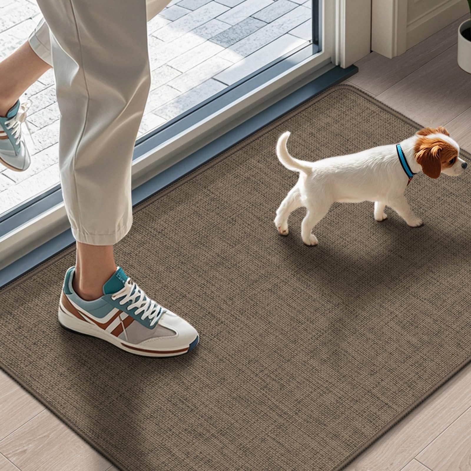 LEKEEPGO Ultra Thin Indoor Door Mat 17"x29", Low-Profile Door Mat Indoor Entrance, Non Slip Rubber Backing Inside Doormat Washable Welcome Front Entryway Dirt Trapper Entry Mat, Khaki