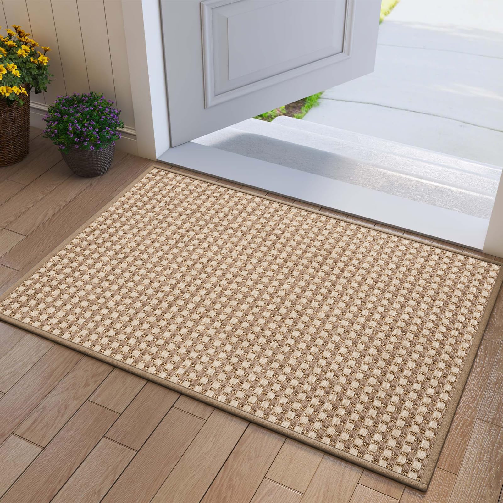 Front Door Mat 17''x30'', Absorbent Dirt Resist Washable Non Slip Low-Profile Indoor Doormat, Easy Clean Welcome Entryway Door Mats, Brown