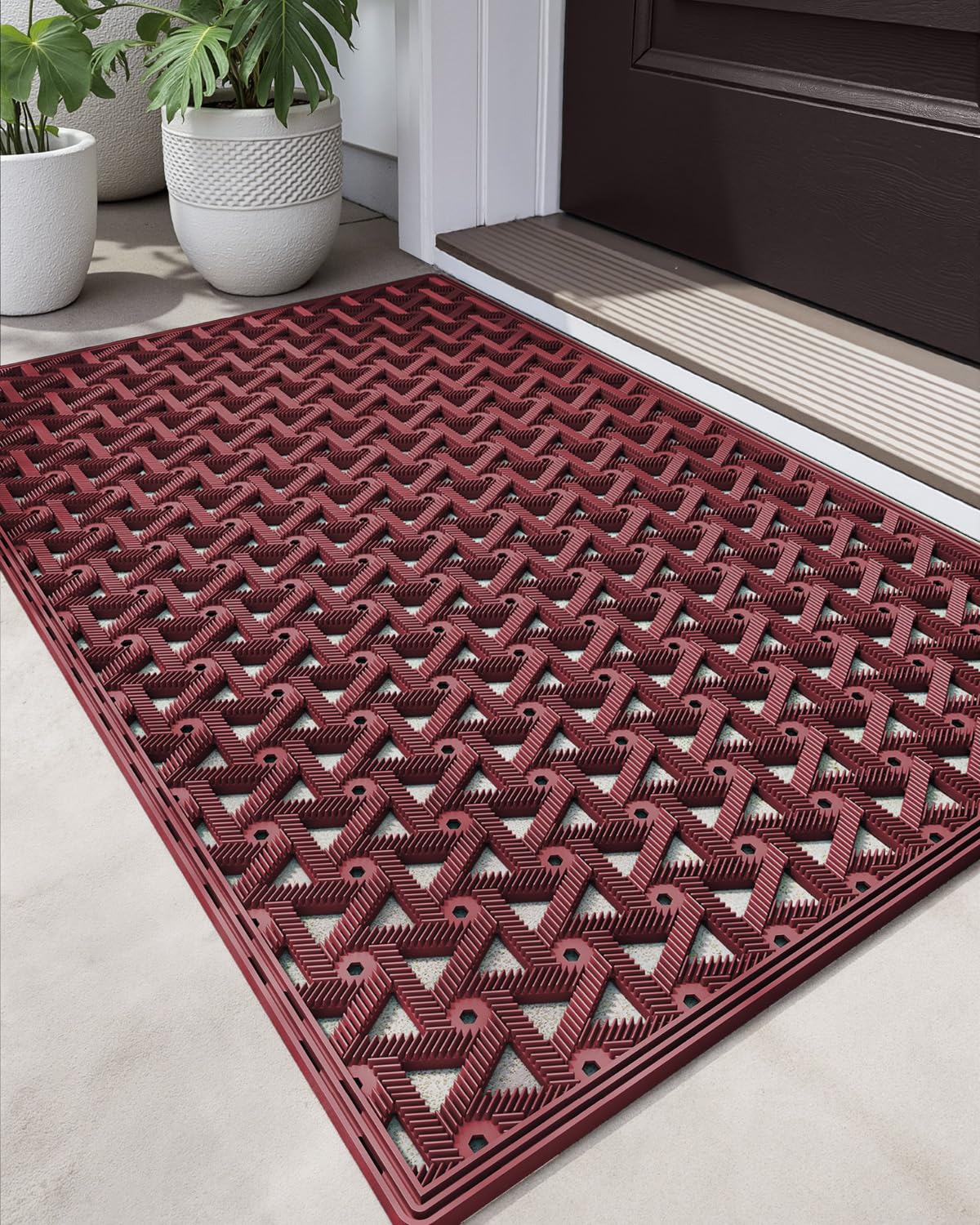 DEXI Front Door Mat Outside Entrance Rubber 19x30, Welcome Floor Doormat Heavy Duty Non Slip, Dirt Trapper Waterproof Exterior Entry Mats All Weather for Patio Entryway Drainage, Black