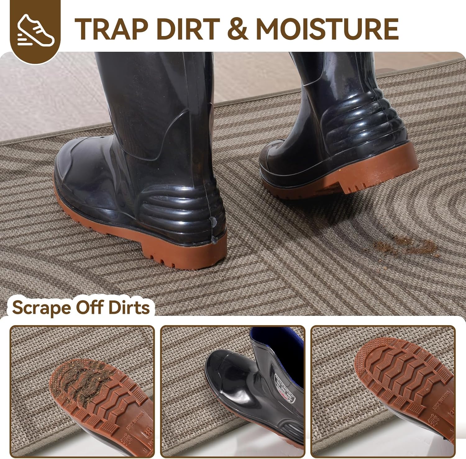 Front Door Mat 17''x30'', Absorbent Dirt Resist Washable Non Slip Low-Profile Indoor Doormat, Easy Clean Welcome Entryway Door Mats, Brown