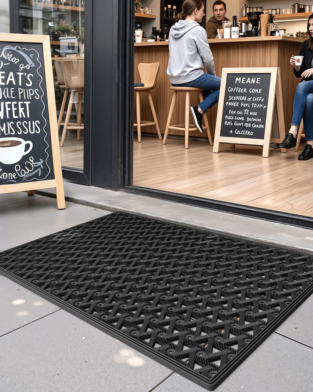 DEXI Front Door Mat Outside Entrance Rubber 19x30, Welcome Floor Doormat Heavy Duty Non Slip, Dirt Trapper Waterproof Exterior Entry Mats All Weather for Patio Entryway Drainage, Black