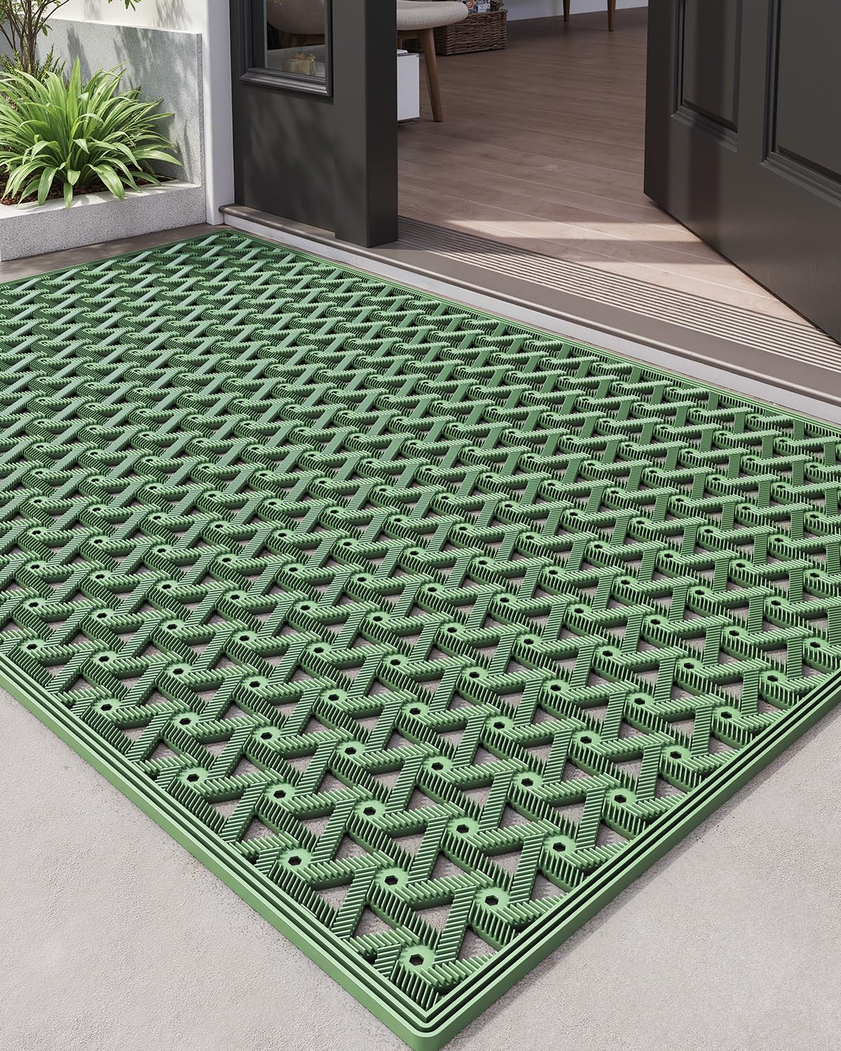 DEXI Front Door Mat Outside Entrance Rubber 19x30, Welcome Floor Doormat Heavy Duty Non Slip, Dirt Trapper Waterproof Exterior Entry Mats All Weather for Patio Entryway Drainage, Black