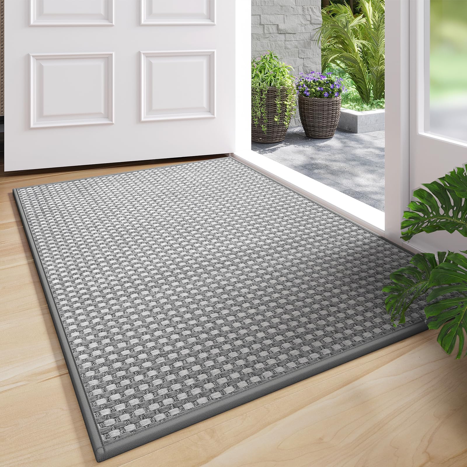 Front Door Mat 17''x30'', Absorbent Dirt Resist Washable Non Slip Low-Profile Indoor Doormat, Easy Clean Welcome Entryway Door Mats, Brown
