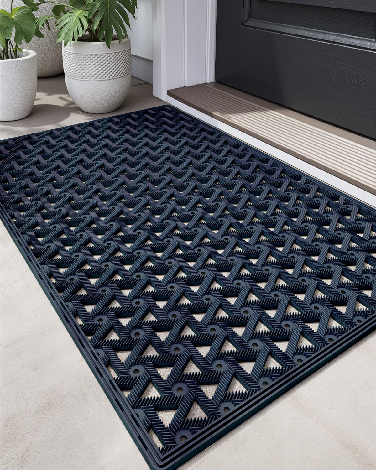 DEXI Front Door Mat Outside Entrance Rubber 19x30, Welcome Floor Doormat Heavy Duty Non Slip, Dirt Trapper Waterproof Exterior Entry Mats All Weather for Patio Entryway Drainage, Black