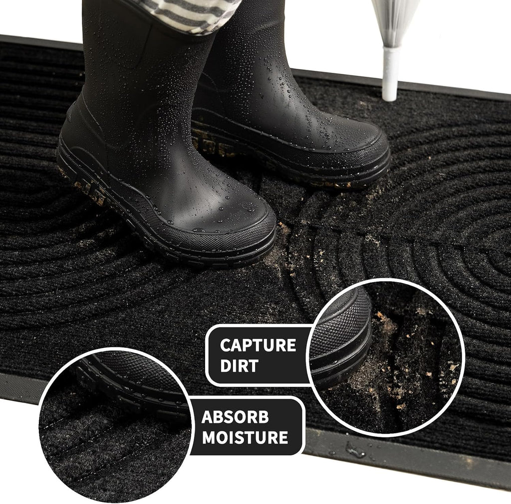 RORA Front Door Mat Outside Indoor Entrance, Heavy Duty Non Slip Welcome Doormat, Natural Rubber Floor Mat for Entryway, Patio, Garage, Porch, 29.5"x17", Black