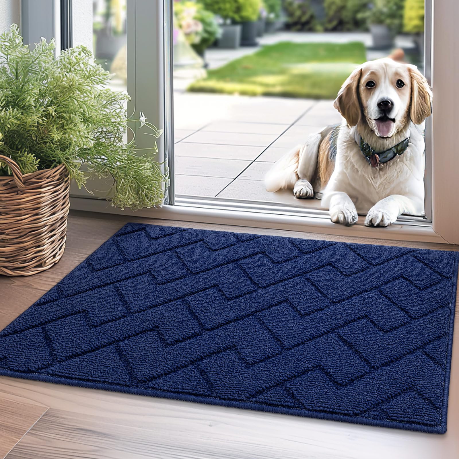 hicorfe Indoor Doormat,Front Back Door Mat Rubber Backing Non Slip Door Mats 24"x35" Absorbent Resist Dirt Entrance Doormat Inside Floor Mats for Entryway Washable Low-Profile (Navy Blue)