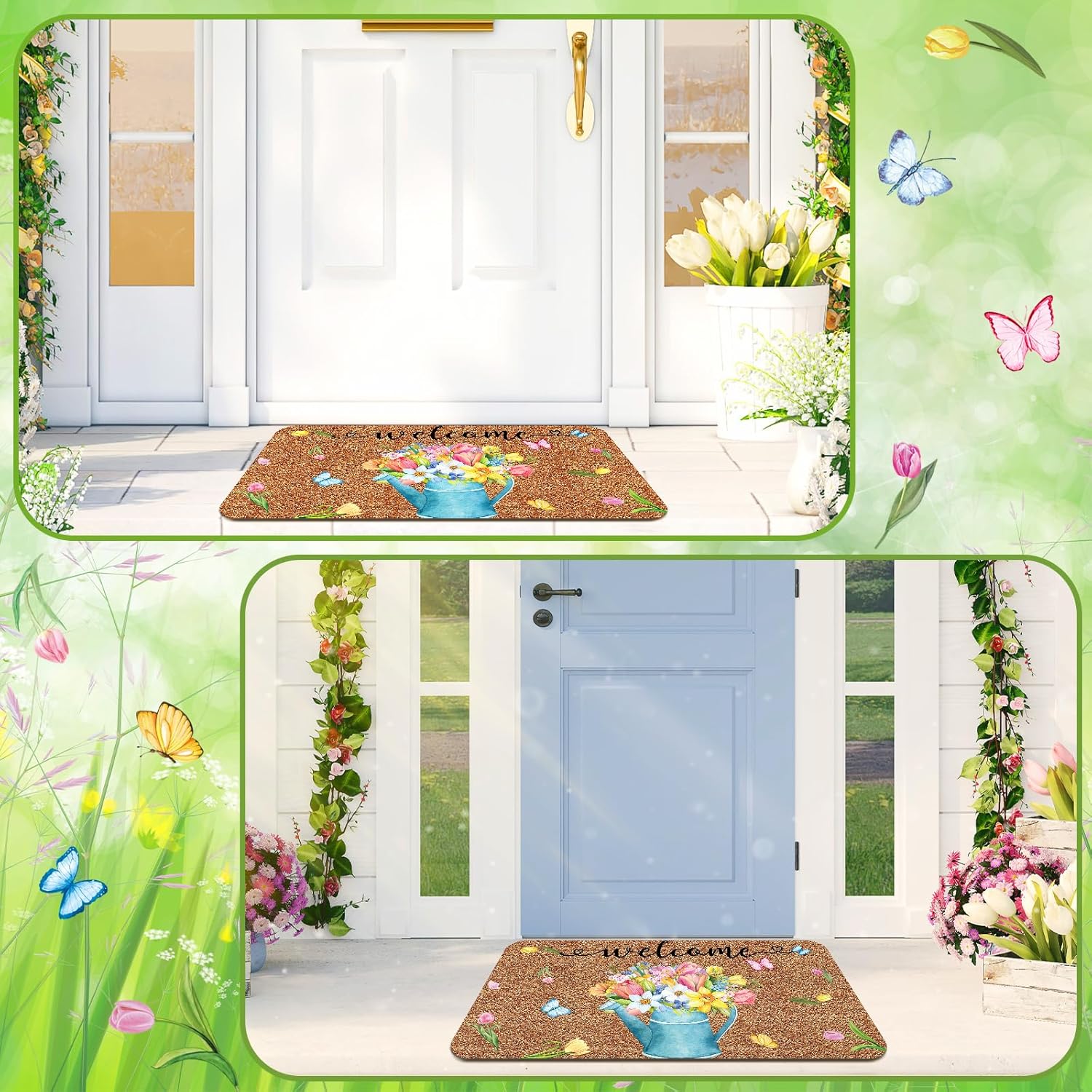Doormat Coir Welcome Door Mat Colorful Print Floral Decoration Flower Indoor Outdoor Entrance Spring Non Slip Door Rugs for Front Easy Clean Entryway 29.5 x 17.7 Inch(Watering Pot)