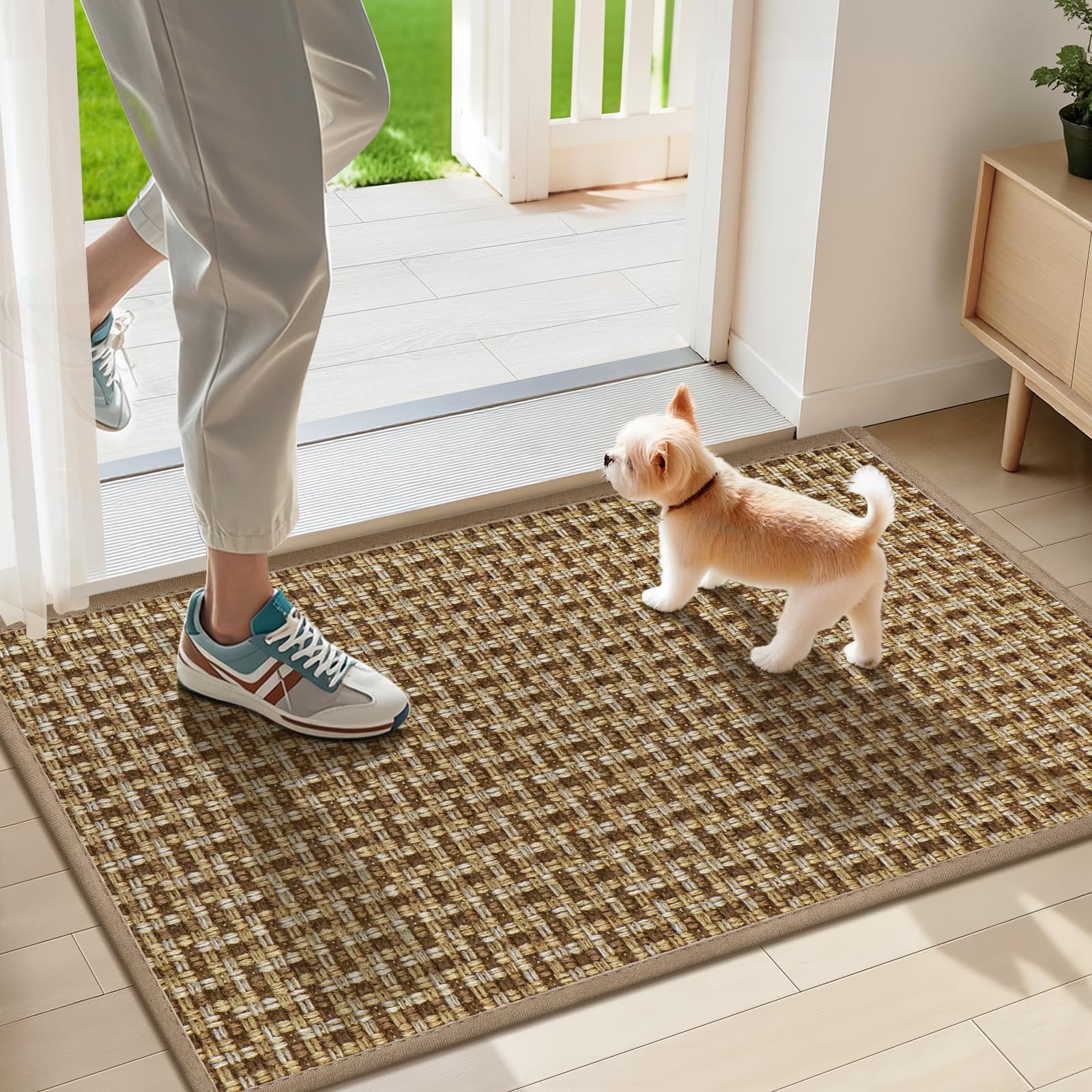 LEKEEPGO Ultra Thin Indoor Door Mat 17"x29", Low-Profile Door Mat Indoor Entrance, Non Slip Rubber Backing Inside Doormat Washable Welcome Front Entryway Dirt Trapper Entry Mat, Khaki