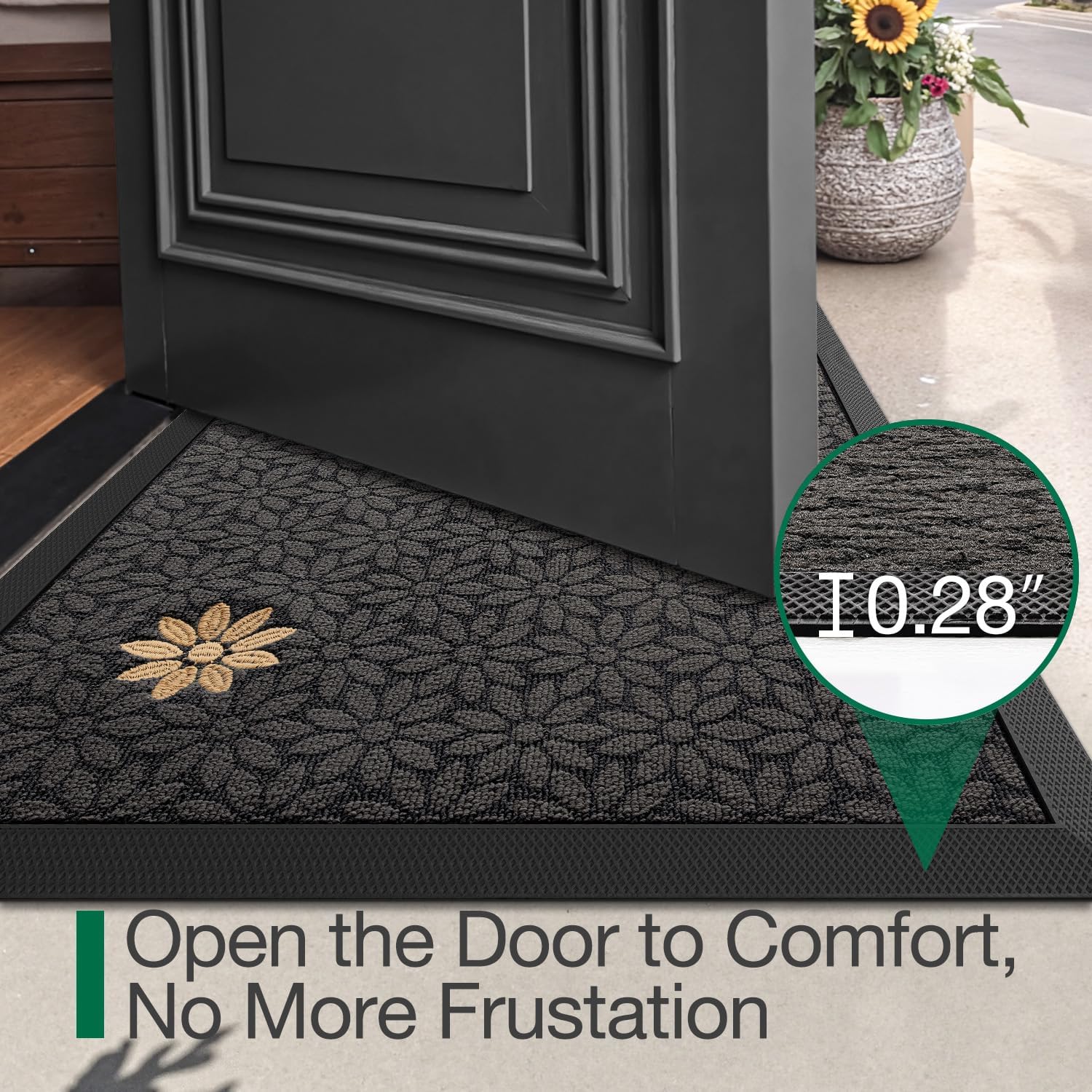 LUMI Premium Front Door Mat 20"x32", Non-Slip Heavy Duty Rubber Welcome Mats, Embroidered Tree Dirt Trapper Doormat for Indoor Outdoor Entryway, Porch, Patio, Grey Gold Daisy