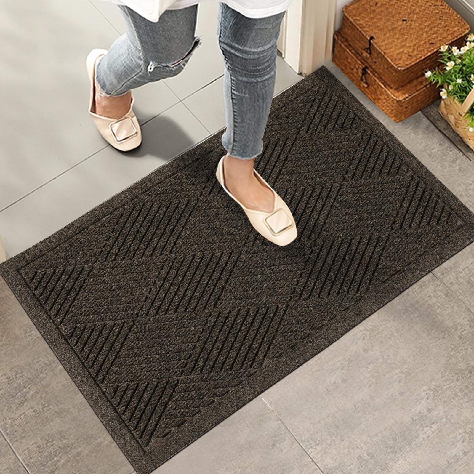 HIYARD Sturdy Front Door Mat, Absorbent Muddy Dirt Resist Welcome Door Mats Outdoor Indoor, Stain and Fade Resistant, Non-Slip Rubber Backing Low Profile Doormat for Entryway, 30×17, Beige