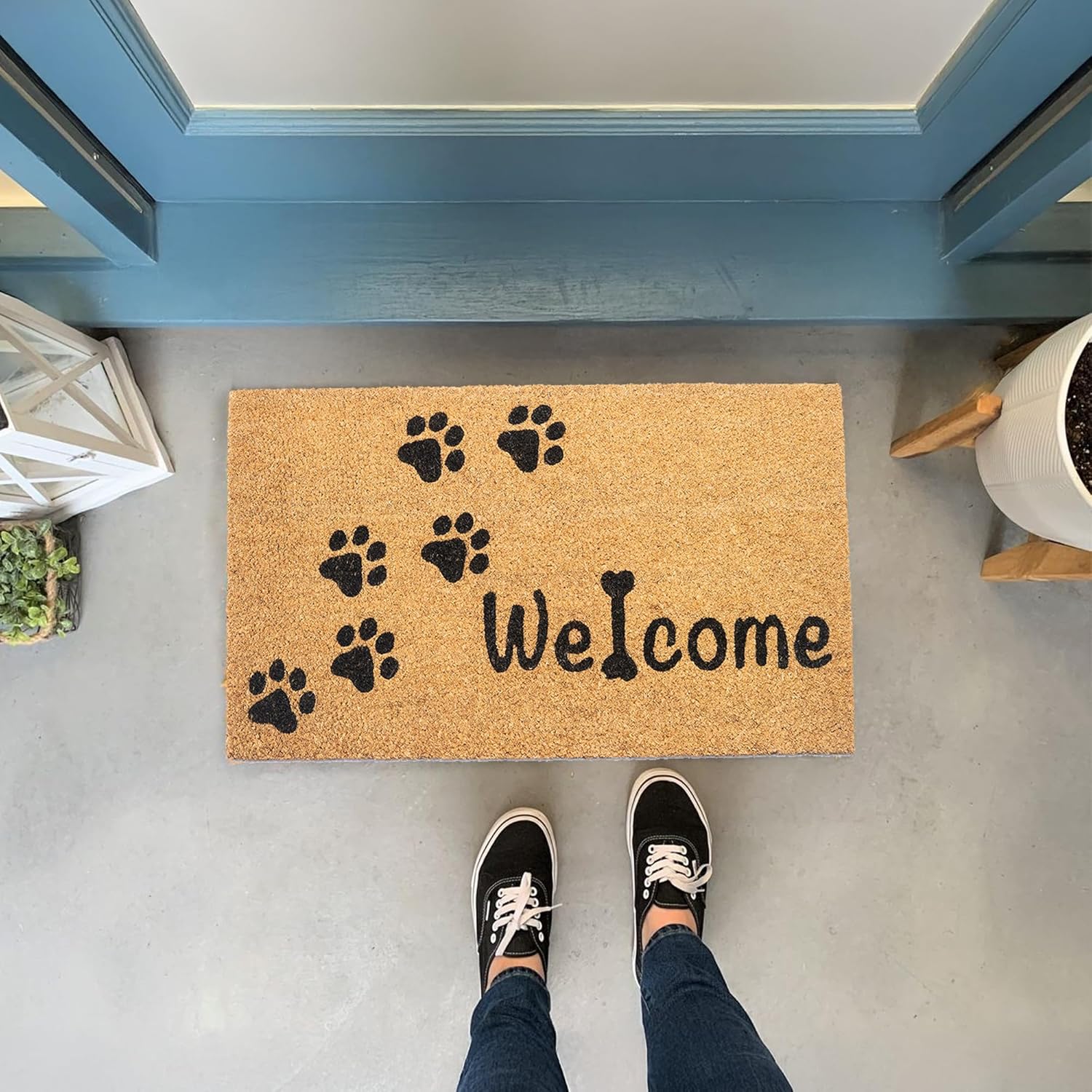 Coir Doormat, Front Doormat with Non-Slip PVC Backing, Printed Indoor Outdoor Welcome Mats for Home & Office, Door Mat, Entrance Mats with Paws Print, 30”x17”, Beige & Black