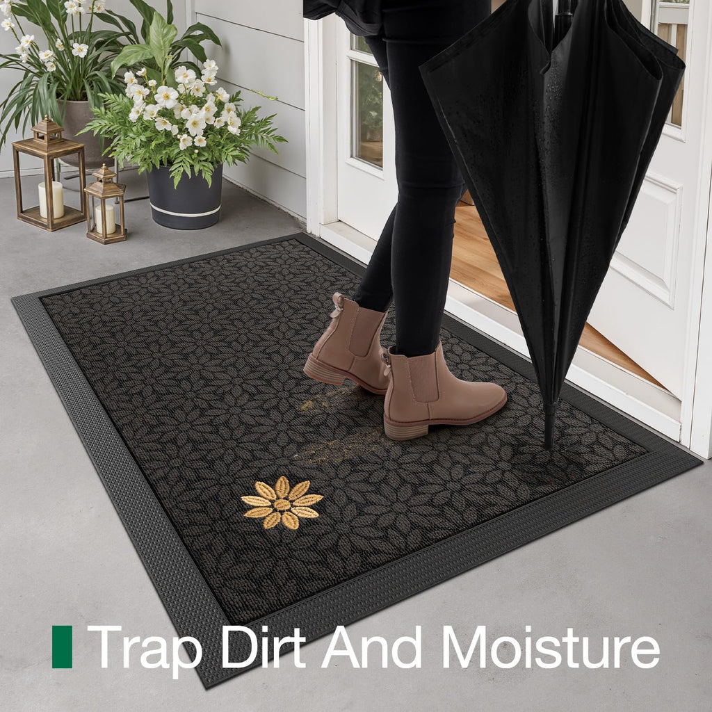 LUMI Premium Front Door Mat 20"x32", Non-Slip Heavy Duty Rubber Welcome Mats, Embroidered Tree Dirt Trapper Doormat for Indoor Outdoor Entryway, Porch, Patio, Grey Gold Daisy
