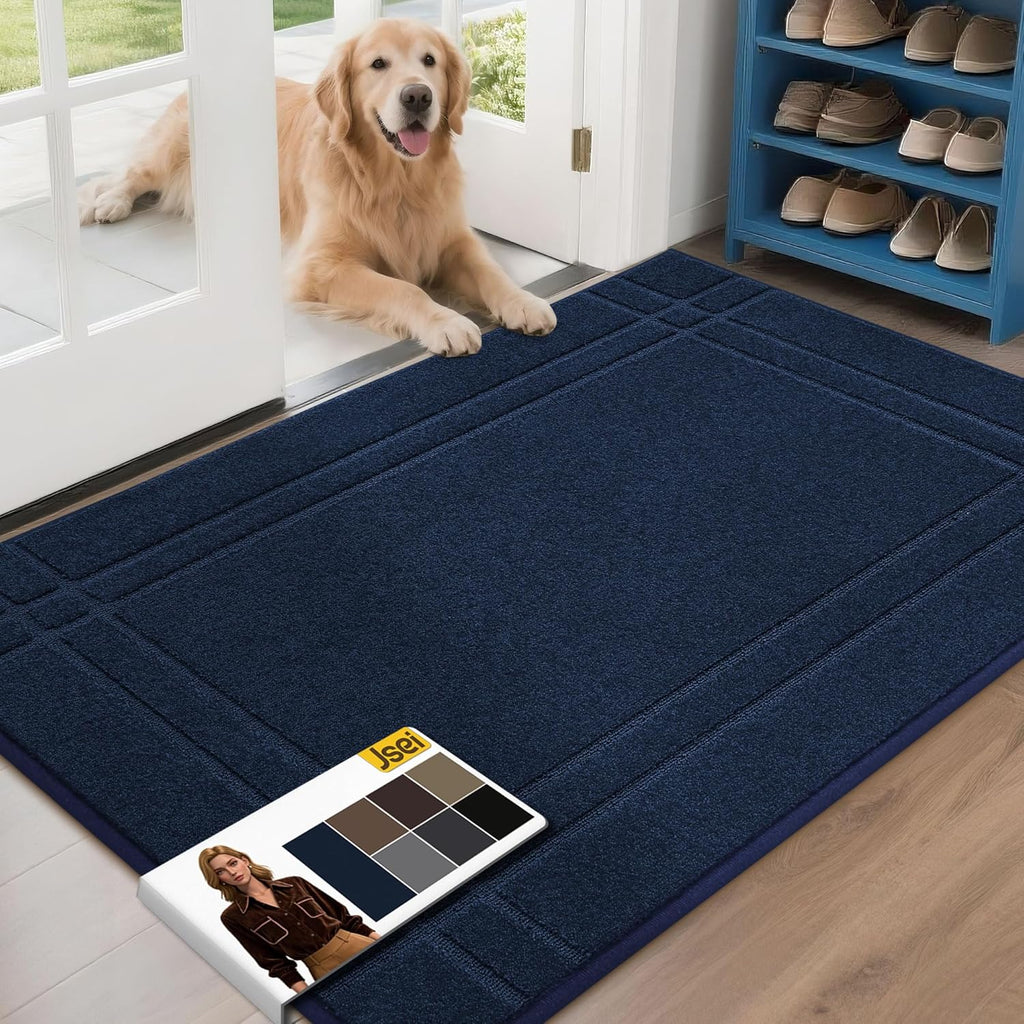 JSEI Entryway Rugs Doormat 32"x48", Non-Slip Dirt Trapper Door Mats Indoor, Washable Absorbent and Stain Resist Welcome Floor Mat for Front Door, Dog Door Mat, Dirty Wet Shoes & Paws, Navy Blue