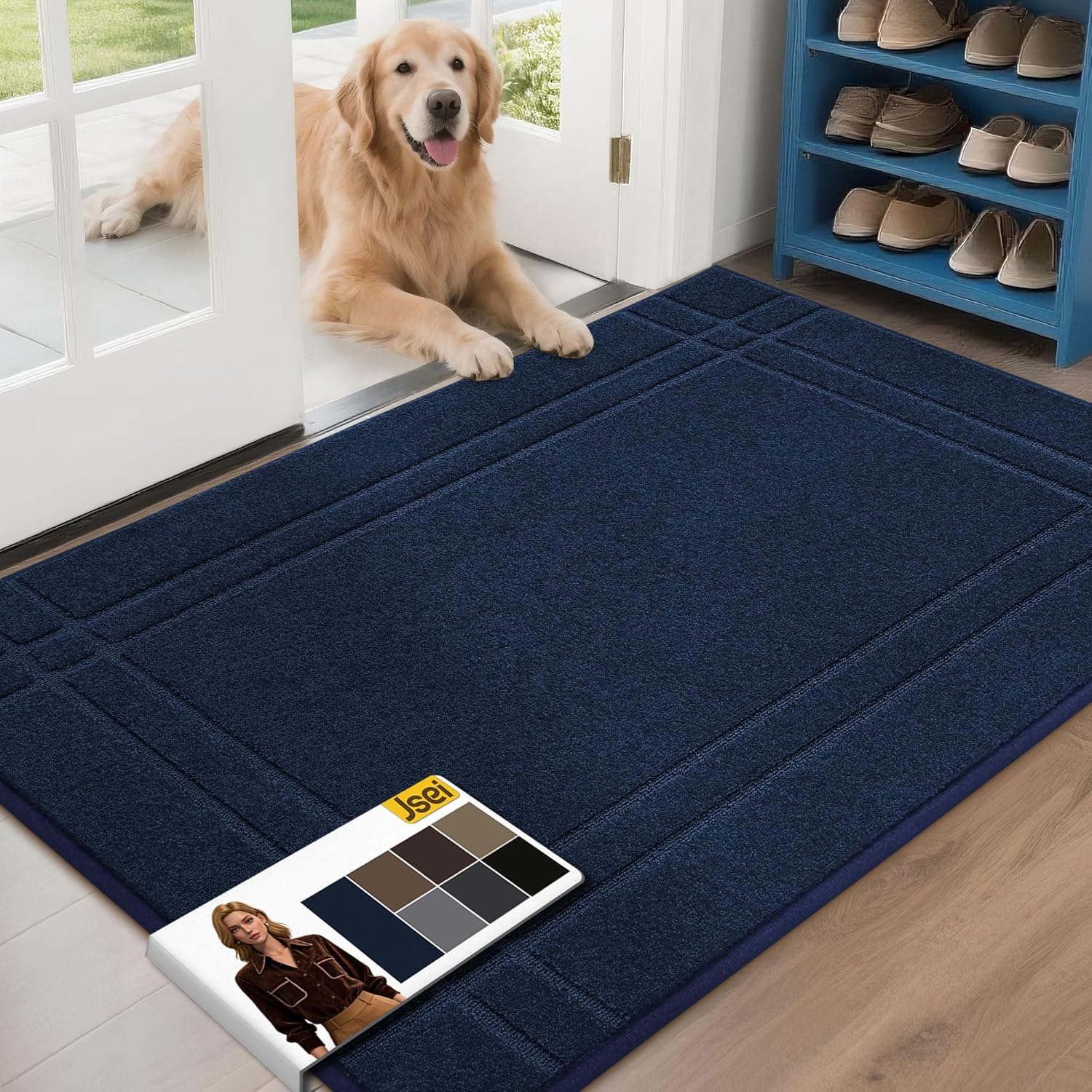 JSEI Entryway Rugs Doormat 32"x48", Non-Slip Dirt Trapper Door Mats Indoor, Washable Absorbent and Stain Resist Welcome Floor Mat for Front Door, Dog Door Mat, Dirty Wet Shoes & Paws, Navy Blue