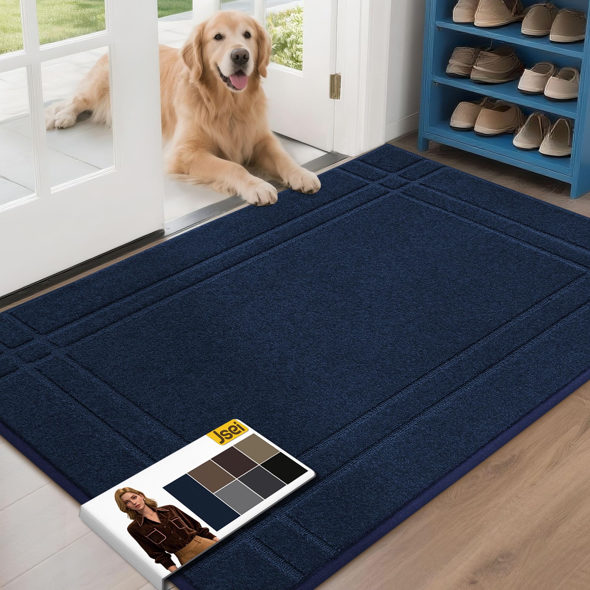 JSEI Entryway Rugs Doormat 32"x48", Non-Slip Dirt Trapper Door Mats Indoor, Washable Absorbent and Stain Resist Welcome Floor Mat for Front Door, Dog Door Mat, Dirty Wet Shoes & Paws, Navy Blue
