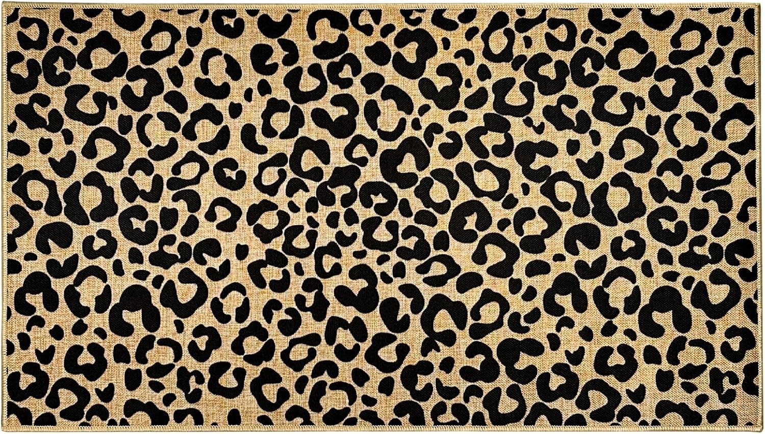 Leopard Print Doormat Black Welcome Door Mat Outdoor Indoor Entrance Floor Mat Non-Slip Entryway Carpet for Entryway Hallway Porch Washable Inside Outside Doormat for Home Decor