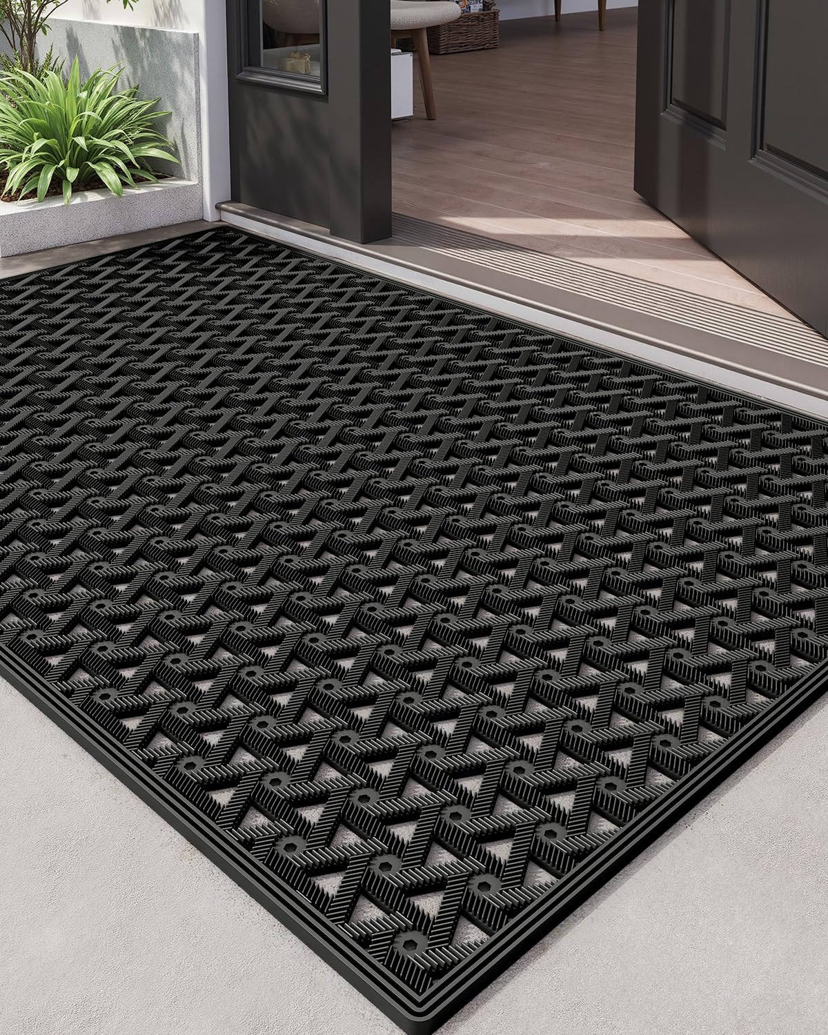 DEXI Front Door Mat Outside Entrance Rubber 19x30, Welcome Floor Doormat Heavy Duty Non Slip, Dirt Trapper Waterproof Exterior Entry Mats All Weather for Patio Entryway Drainage, Black