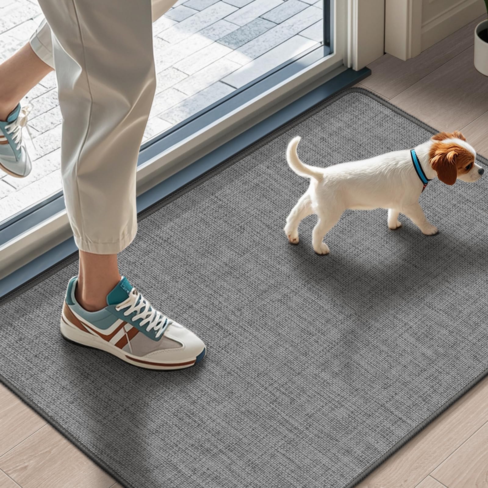 LEKEEPGO Ultra Thin Indoor Door Mat 17"x29", Low-Profile Door Mat Indoor Entrance, Non Slip Rubber Backing Inside Doormat Washable Welcome Front Entryway Dirt Trapper Entry Mat, Khaki