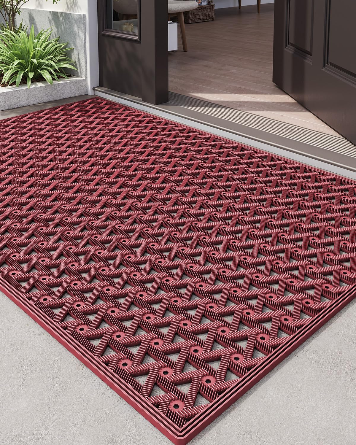 DEXI Front Door Mat Outside Entrance Rubber 19x30, Welcome Floor Doormat Heavy Duty Non Slip, Dirt Trapper Waterproof Exterior Entry Mats All Weather for Patio Entryway Drainage, Black