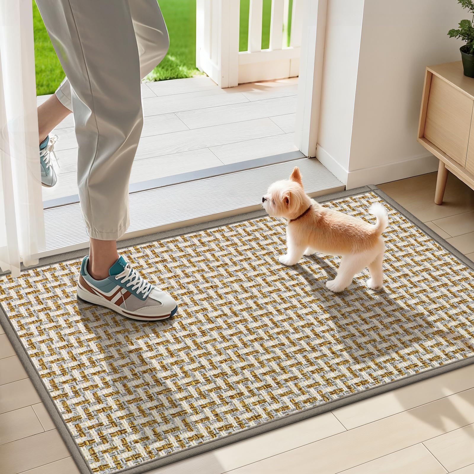 LEKEEPGO Ultra Thin Indoor Door Mat 17"x29", Low-Profile Door Mat Indoor Entrance, Non Slip Rubber Backing Inside Doormat Washable Welcome Front Entryway Dirt Trapper Entry Mat, Khaki
