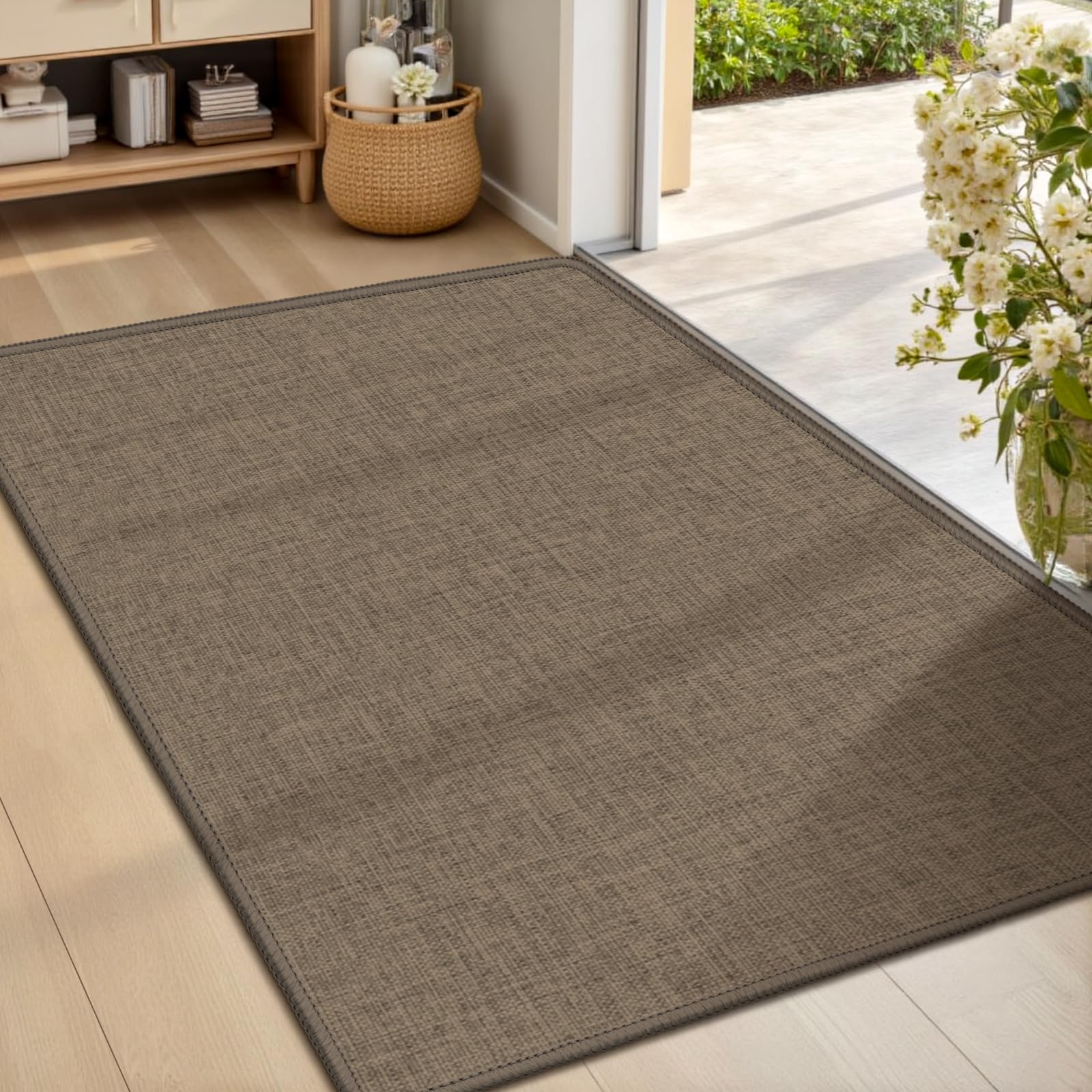 LEKEEPGO Ultra Thin Indoor Door Mat 17"x29", Low-Profile Door Mat Indoor Entrance, Non Slip Rubber Backing Inside Doormat Washable Welcome Front Entryway Dirt Trapper Entry Mat, Khaki
