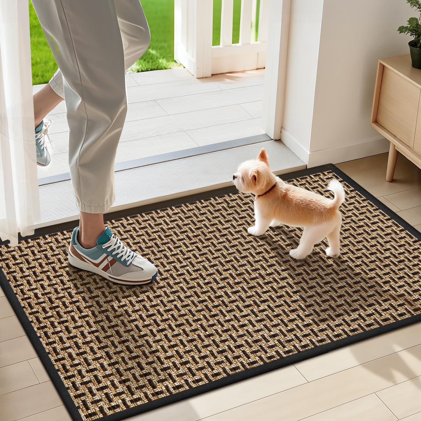 LEKEEPGO Ultra Thin Indoor Door Mat 17"x29", Low-Profile Door Mat Indoor Entrance, Non Slip Rubber Backing Inside Doormat Washable Welcome Front Entryway Dirt Trapper Entry Mat, Khaki