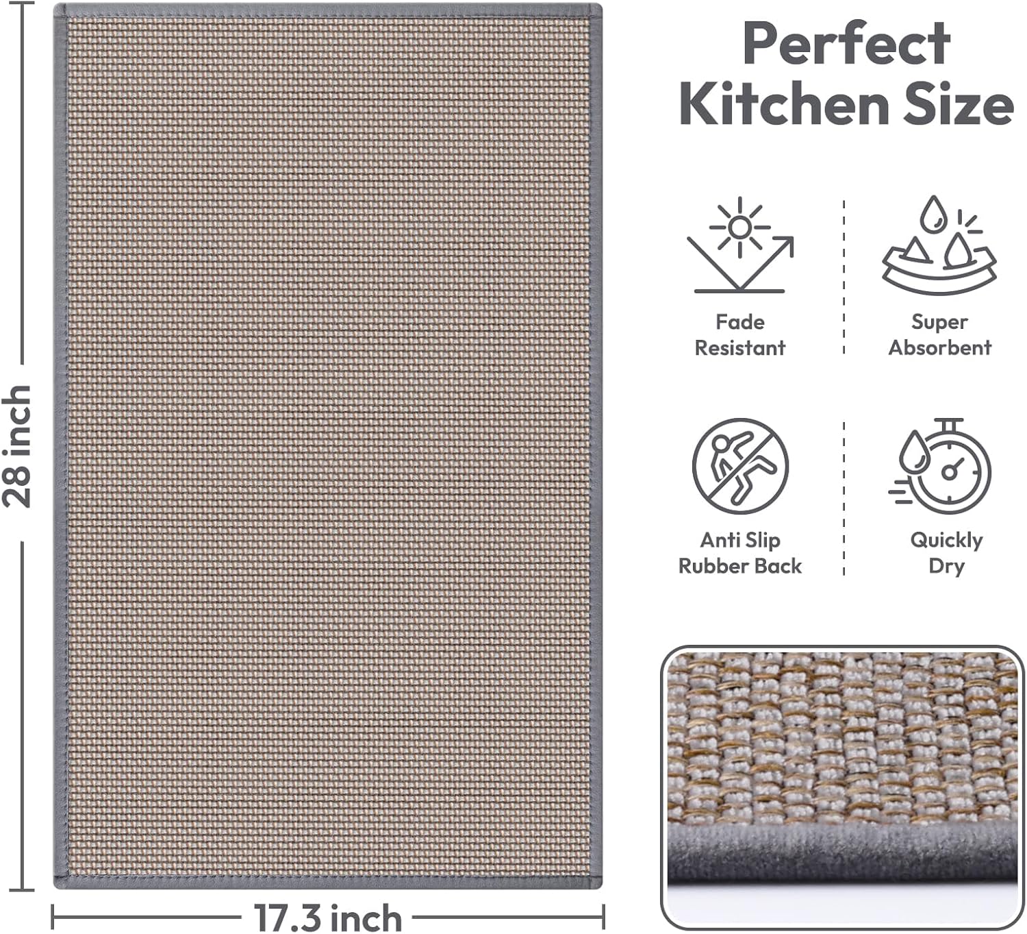 Kitchen Mats for Floor, Kitchen Rug, Nonskid, Washable, Absorbent Kitchen Runner Rug for in Front of Sink, Entryway, Rubber Backing Indoor Door Mat, Farmhouse Style Standing Mat, 17.3"x28", Grey