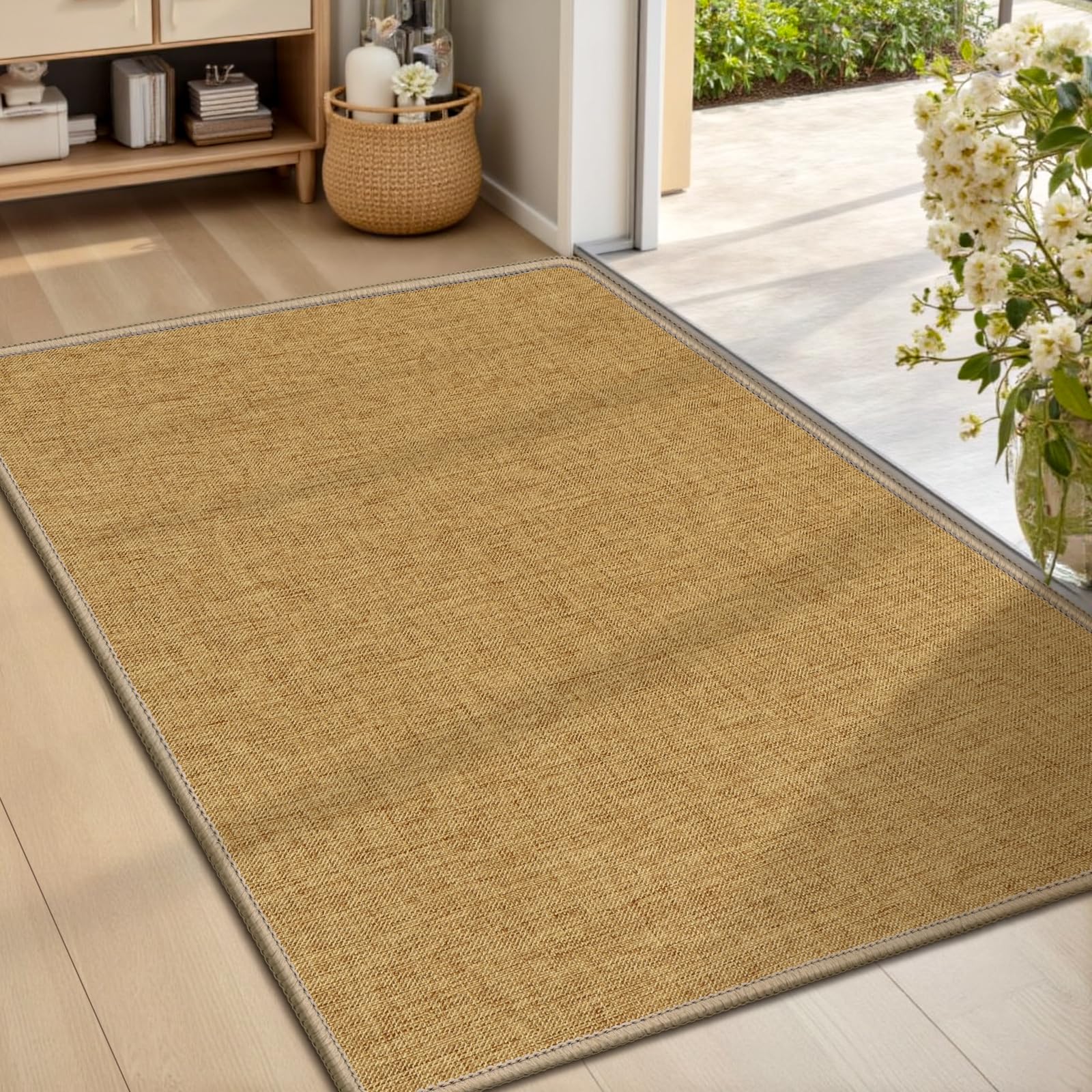 LEKEEPGO Ultra Thin Indoor Door Mat 17"x29", Low-Profile Door Mat Indoor Entrance, Non Slip Rubber Backing Inside Doormat Washable Welcome Front Entryway Dirt Trapper Entry Mat, Khaki