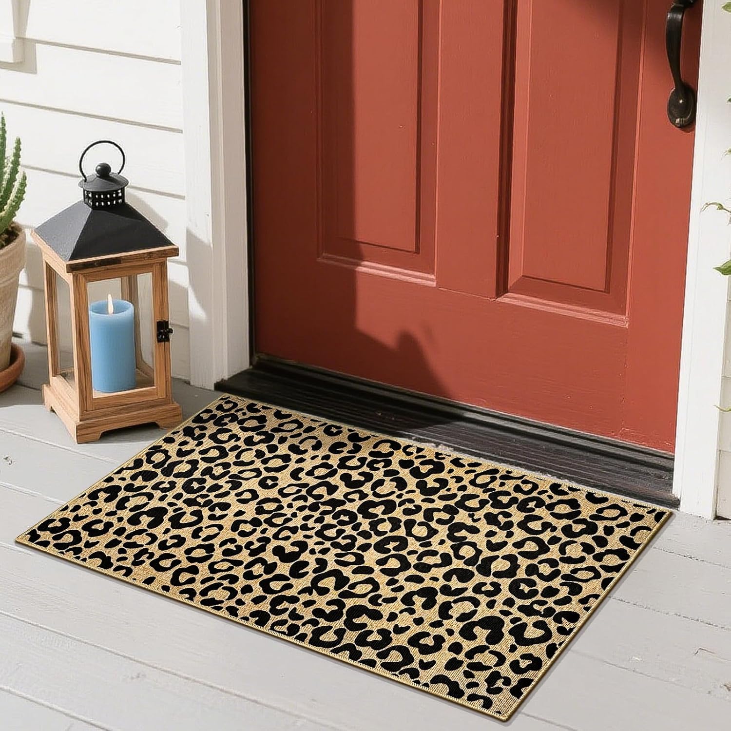 Leopard Print Doormat Black Welcome Door Mat Outdoor Indoor Entrance Floor Mat Non-Slip Entryway Carpet for Entryway Hallway Porch Washable Inside Outside Doormat for Home Decor