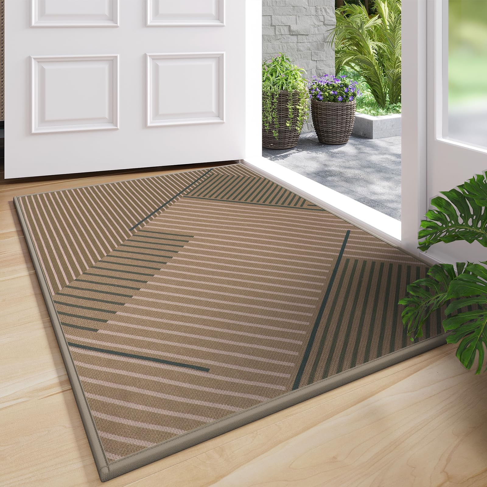 Front Door Mat 17''x30'', Absorbent Dirt Resist Washable Non Slip Low-Profile Indoor Doormat, Easy Clean Welcome Entryway Door Mats, Brown
