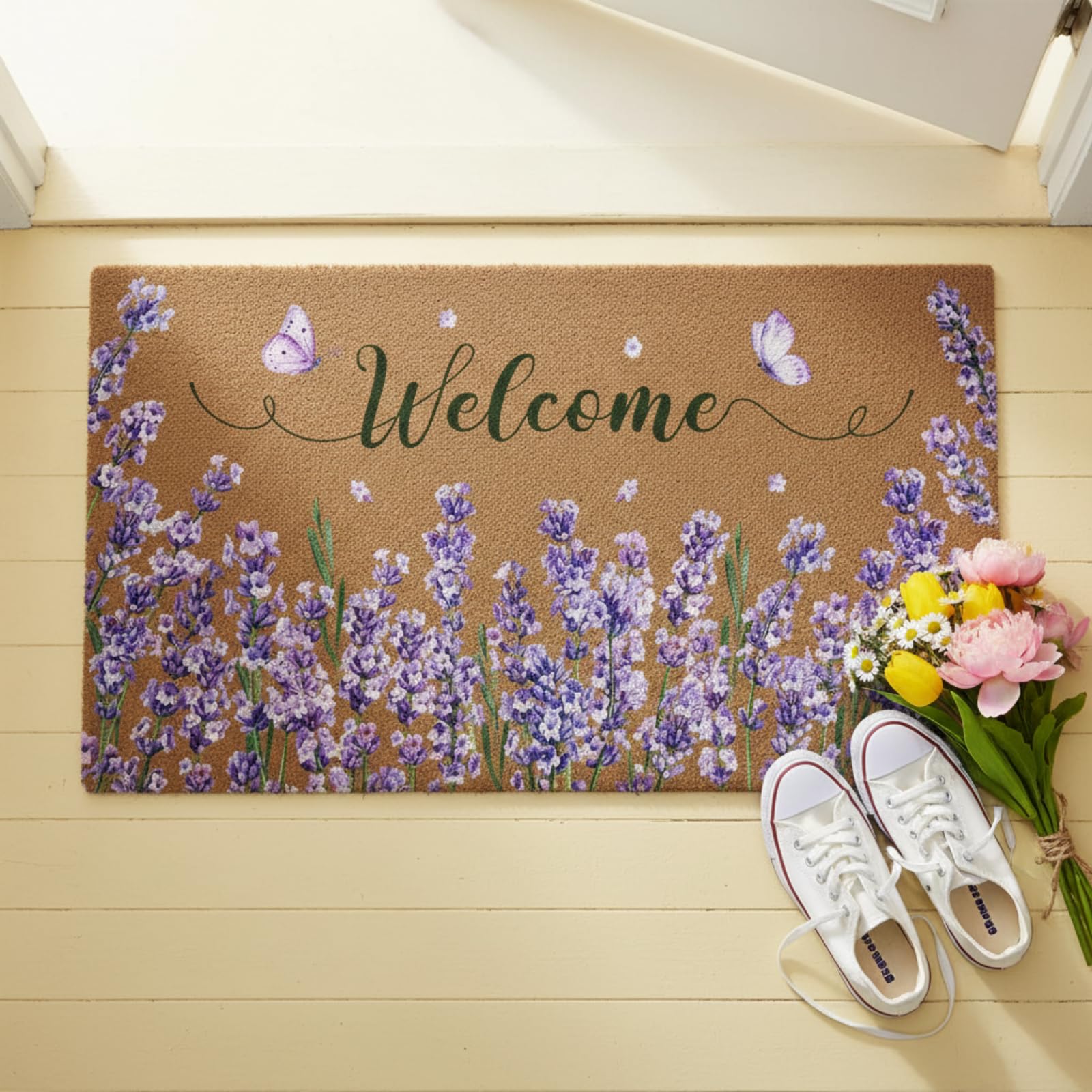 Doormat Coir Welcome Door Mat Colorful Print Floral Decoration Flower Indoor Outdoor Entrance Spring Non Slip Door Rugs for Front Easy Clean Entryway 29.5 x 17.7 Inch(Watering Pot)