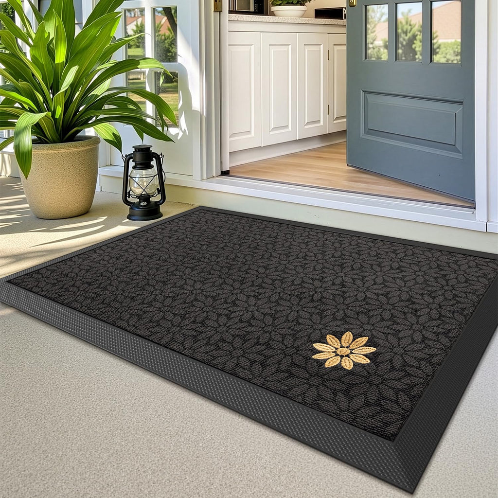 LUMI Premium Front Door Mat 20"x32", Non-Slip Heavy Duty Rubber Welcome Mats, Embroidered Tree Dirt Trapper Doormat for Indoor Outdoor Entryway, Porch, Patio, Grey Gold Daisy