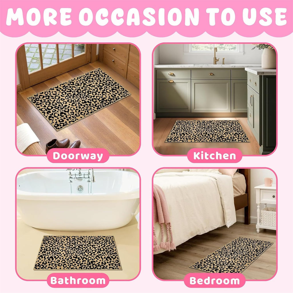 Leopard Print Doormat Black Welcome Door Mat Outdoor Indoor Entrance Floor Mat Non-Slip Entryway Carpet for Entryway Hallway Porch Washable Inside Outside Doormat for Home Decor
