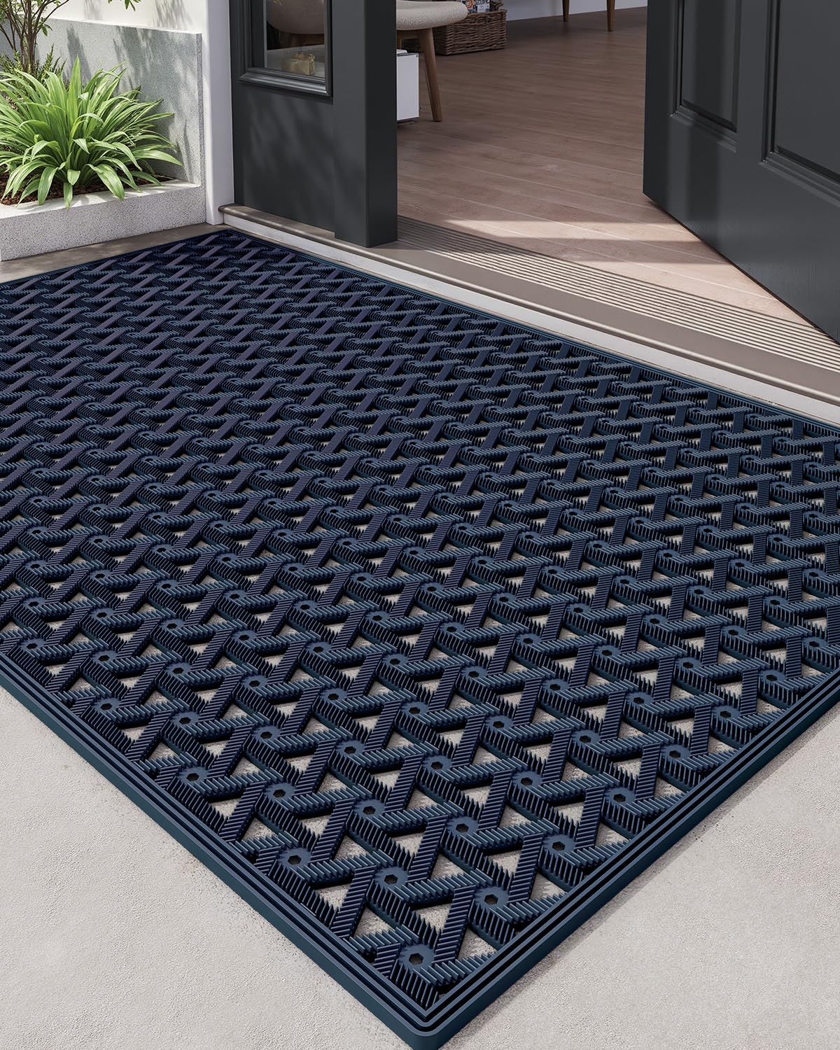DEXI Front Door Mat Outside Entrance Rubber 19x30, Welcome Floor Doormat Heavy Duty Non Slip, Dirt Trapper Waterproof Exterior Entry Mats All Weather for Patio Entryway Drainage, Black