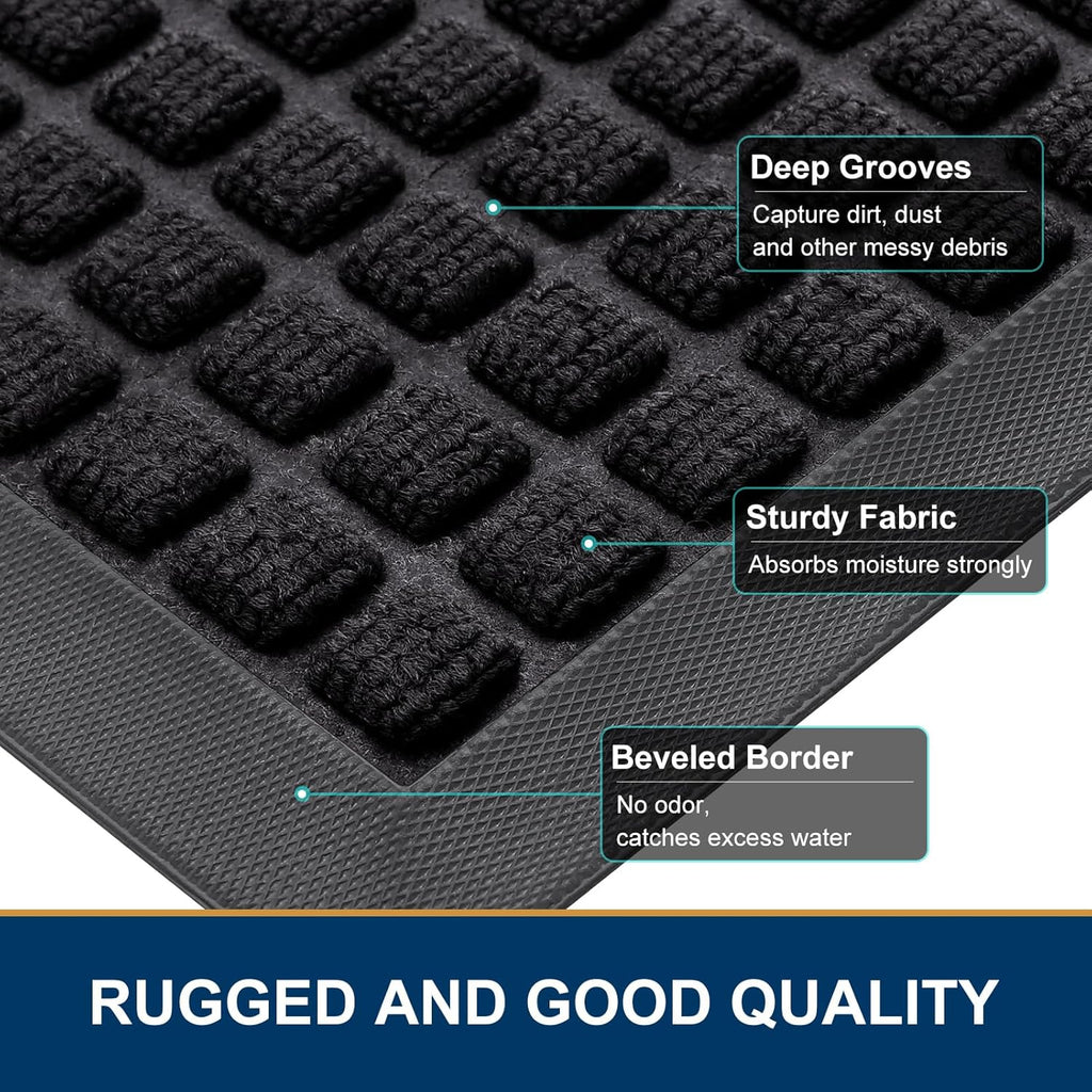 Smiry Front Door Mat Outside Entrance, Heavy Duty Natural Rubber Doormat, Non Slip, Trap Dirt and Moisture, Easy Clean, Low Profile Welcome Floor Mats for Indoor Outdoor Entry, 29.5x17 Inch, Black