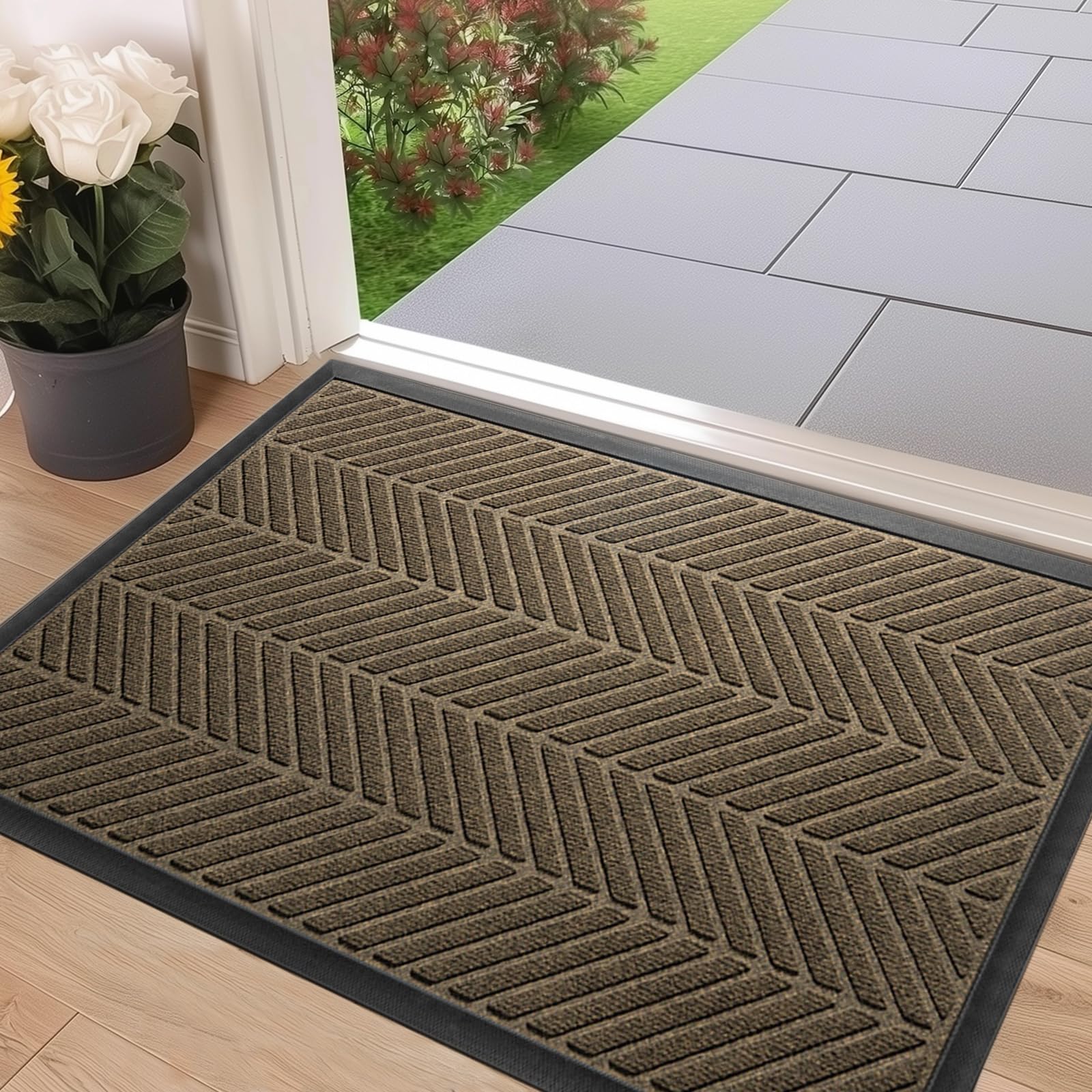 Front Door Mat 29.5"x17" Indoors Outdoors Welcome Mats, Waterproof Non-Slip Rubber Backing Heavy Duty Doormat Outside Entrance, Low Profile Entryway Rugs Floor Mat for Patio, Pattern B Black