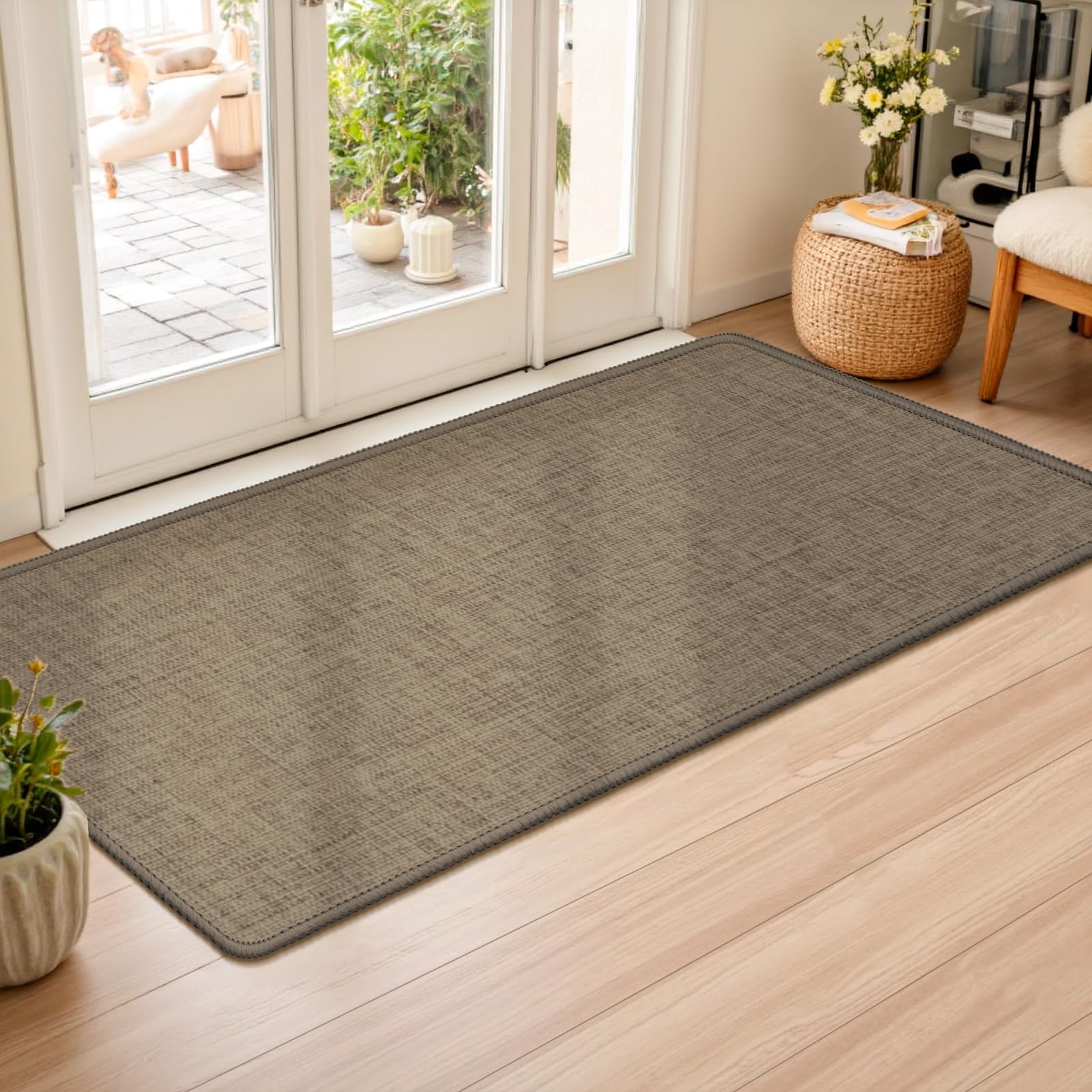 LEKEEPGO Ultra Thin Indoor Door Mat 17"x29", Low-Profile Door Mat Indoor Entrance, Non Slip Rubber Backing Inside Doormat Washable Welcome Front Entryway Dirt Trapper Entry Mat, Khaki