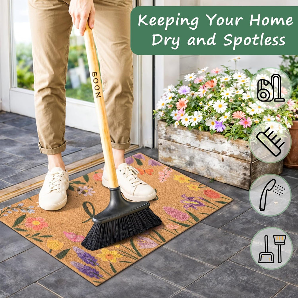 Spring Door Mat with Wildflowers Border, Outdoor Indoor Welcome Mat for Front Door, Spring Decor Floral Style for Porch, Patio or Entryway, 17" X 29.5" (Hello)