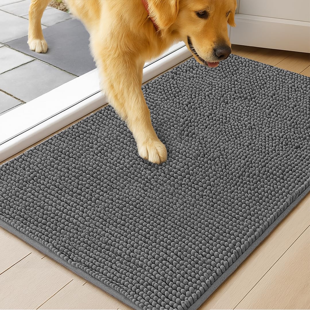 MudGuard Mat™ Dog Door Mat for Muddy Paws, Super Absorbent Microfiber, Non-Slip Indoor Mat, Quick Dry Chenille Mud Mat for Dogs & Entryway, Washable, Choco 19" x 30"