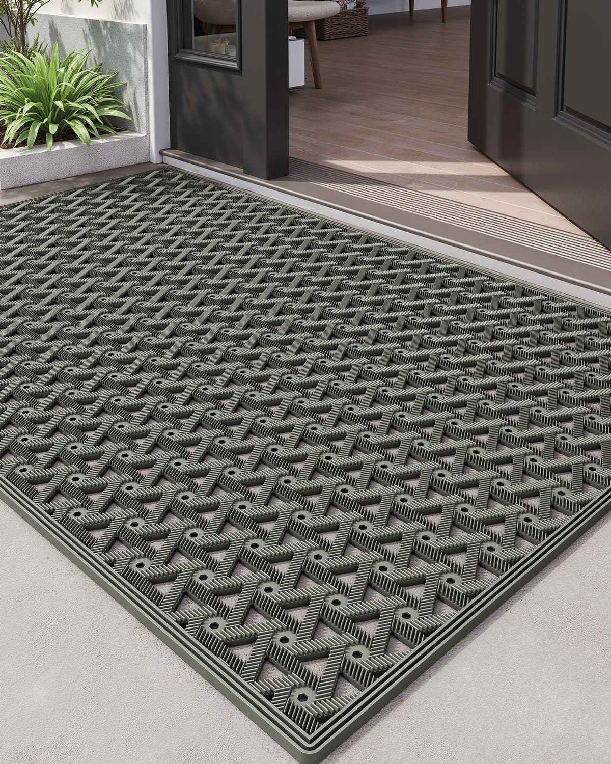 DEXI Front Door Mat Outside Entrance Rubber 19x30, Welcome Floor Doormat Heavy Duty Non Slip, Dirt Trapper Waterproof Exterior Entry Mats All Weather for Patio Entryway Drainage, Black
