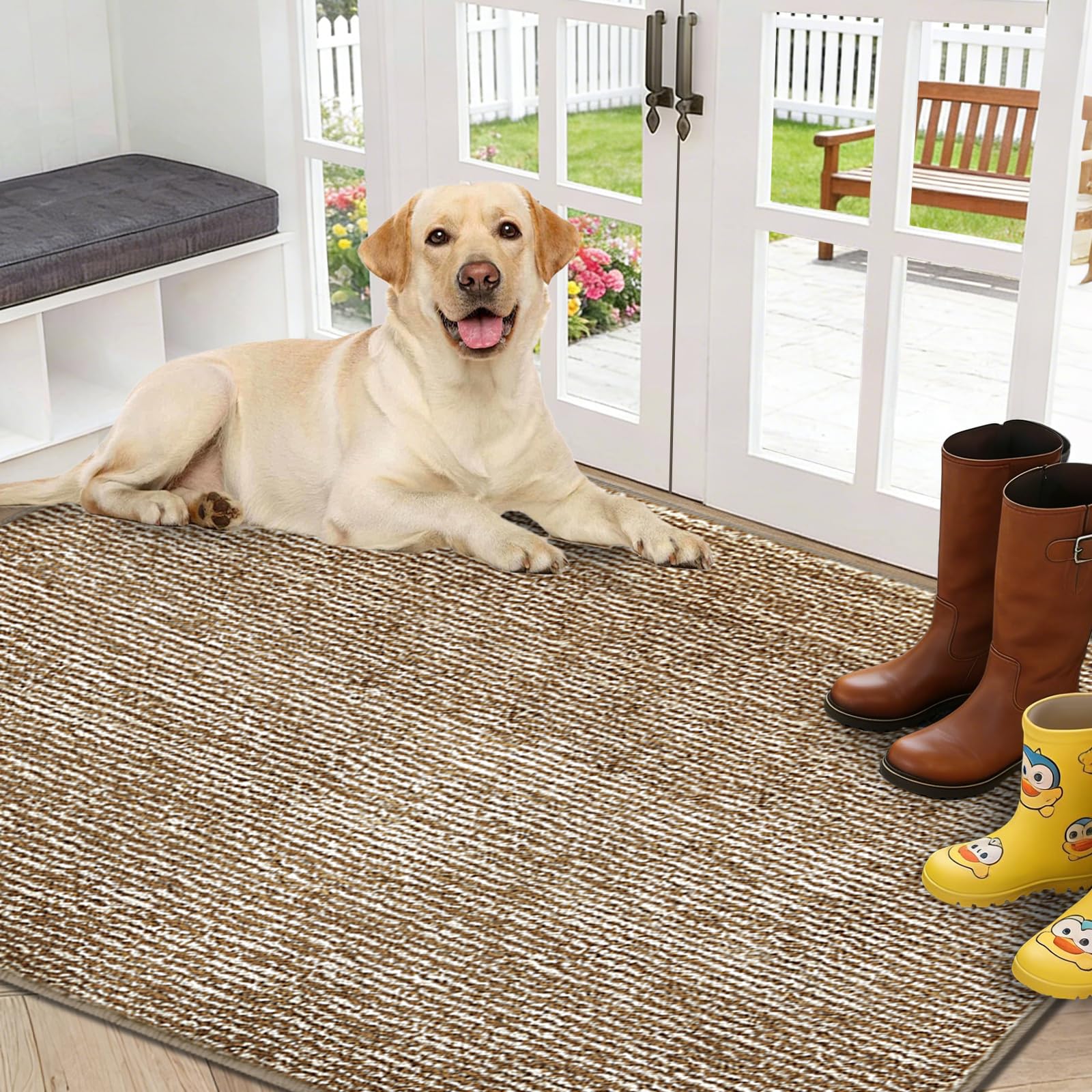 REFETONE Indoor Doormat, Front Door Mat 32"x40" Absorbent Rubber Backing Non Slip Door Mats, Washable Low-Profile Inside Floor Mat Door Rugs for Entryway, Resist Dirt Mud Mat for Dogs, Coffee/Brown