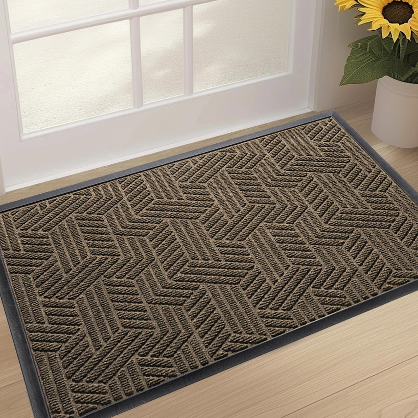 Front Door Mat 29.5"x17" Indoors Outdoors Welcome Mats, Waterproof Non-Slip Rubber Backing Heavy Duty Doormat Outside Entrance, Low Profile Entryway Rugs Floor Mat for Patio, Pattern B Black
