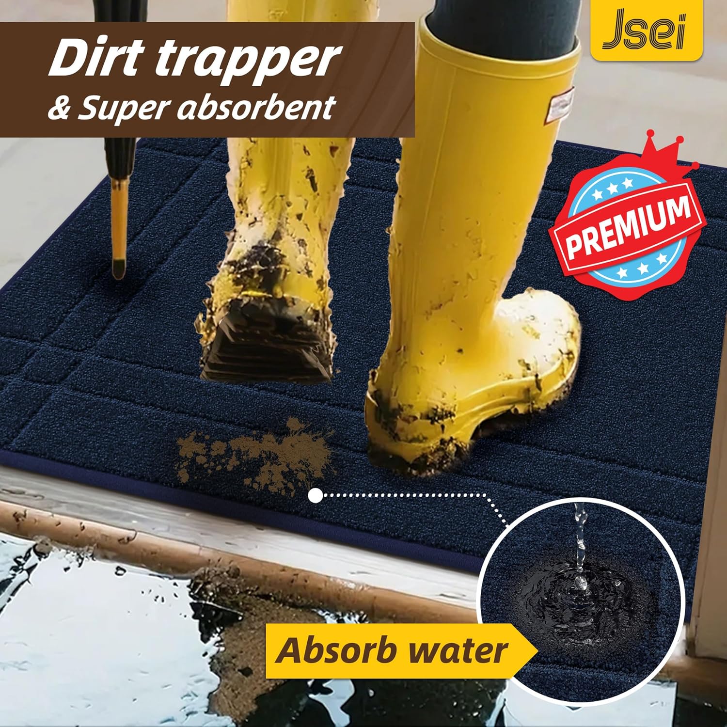 JSEI Entryway Rugs Doormat 32"x48", Non-Slip Dirt Trapper Door Mats Indoor, Washable Absorbent and Stain Resist Welcome Floor Mat for Front Door, Dog Door Mat, Dirty Wet Shoes & Paws, Navy Blue