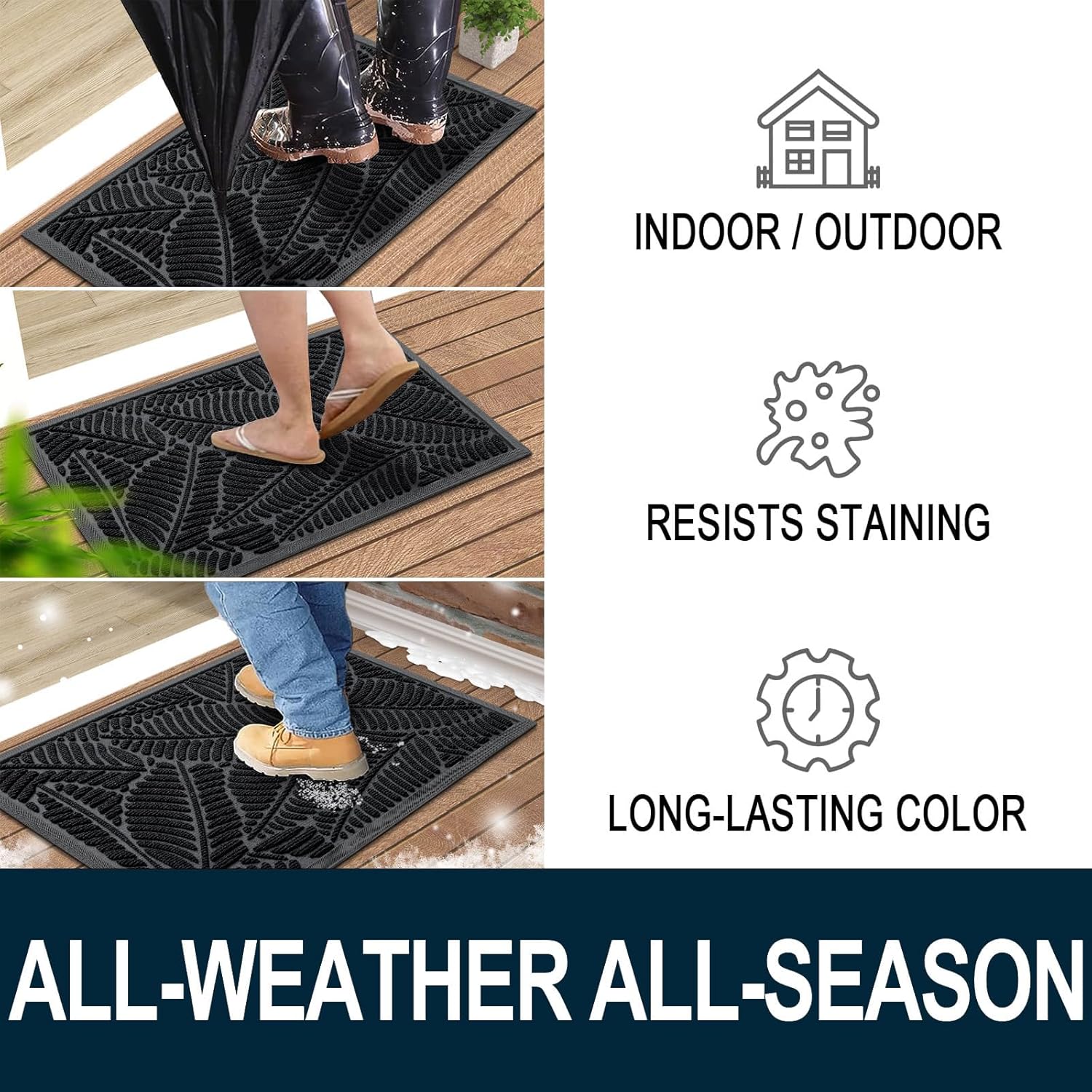 Colorxy Waterproof Doormat, Sturdy Natural Rubber Front Indoor Mat, Non Slip Low Profile Indoor Outdoor Door Mats, Stain and Fade Resistant Floor Mat, Easy Clean Patio Entrance Mat, 30''x17'', Black