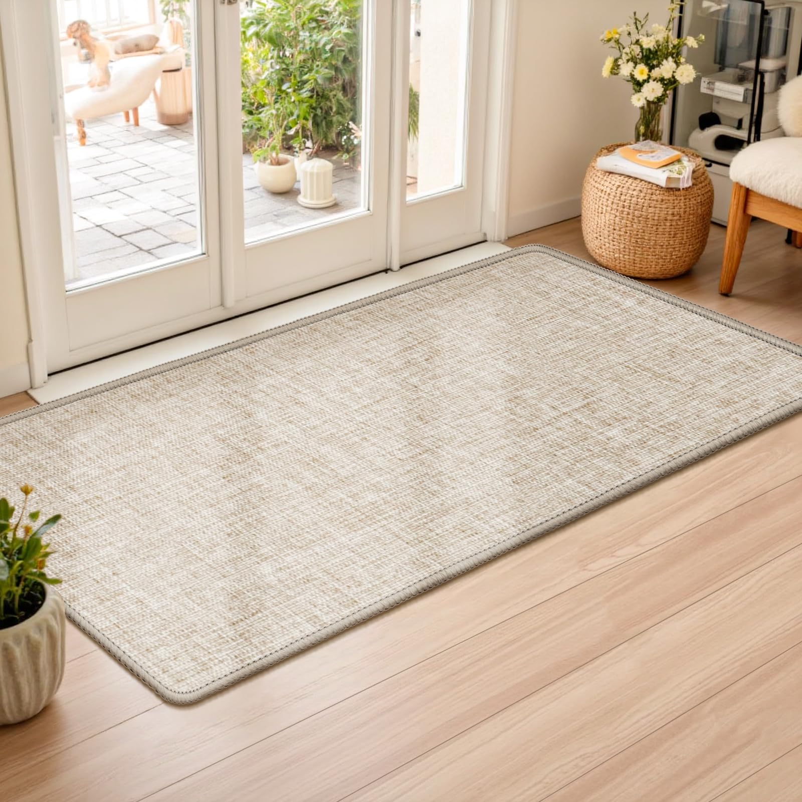 LEKEEPGO Ultra Thin Indoor Door Mat 17"x29", Low-Profile Door Mat Indoor Entrance, Non Slip Rubber Backing Inside Doormat Washable Welcome Front Entryway Dirt Trapper Entry Mat, Khaki