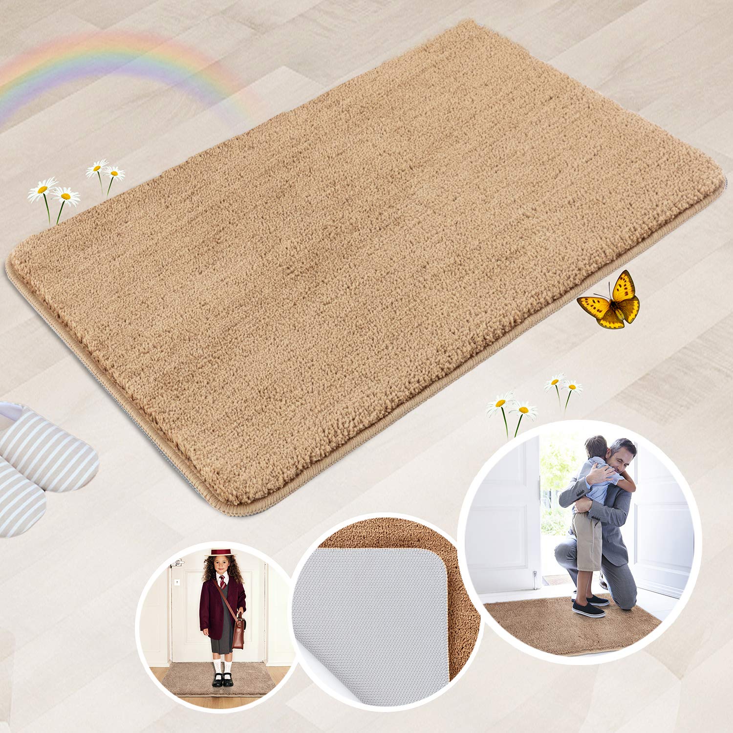 REFETONE Indoor Doormat, Front Door Mat 32"x40" Absorbent Rubber Backing Non Slip Door Mats, Washable Low-Profile Inside Floor Mat Door Rugs for Entryway, Resist Dirt Mud Mat for Dogs, Coffee/Brown