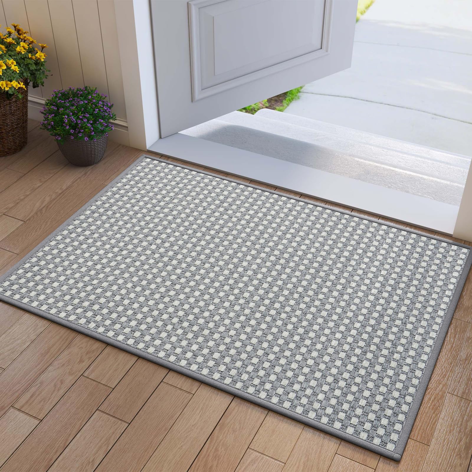 Front Door Mat 17''x30'', Absorbent Dirt Resist Washable Non Slip Low-Profile Indoor Doormat, Easy Clean Welcome Entryway Door Mats, Brown
