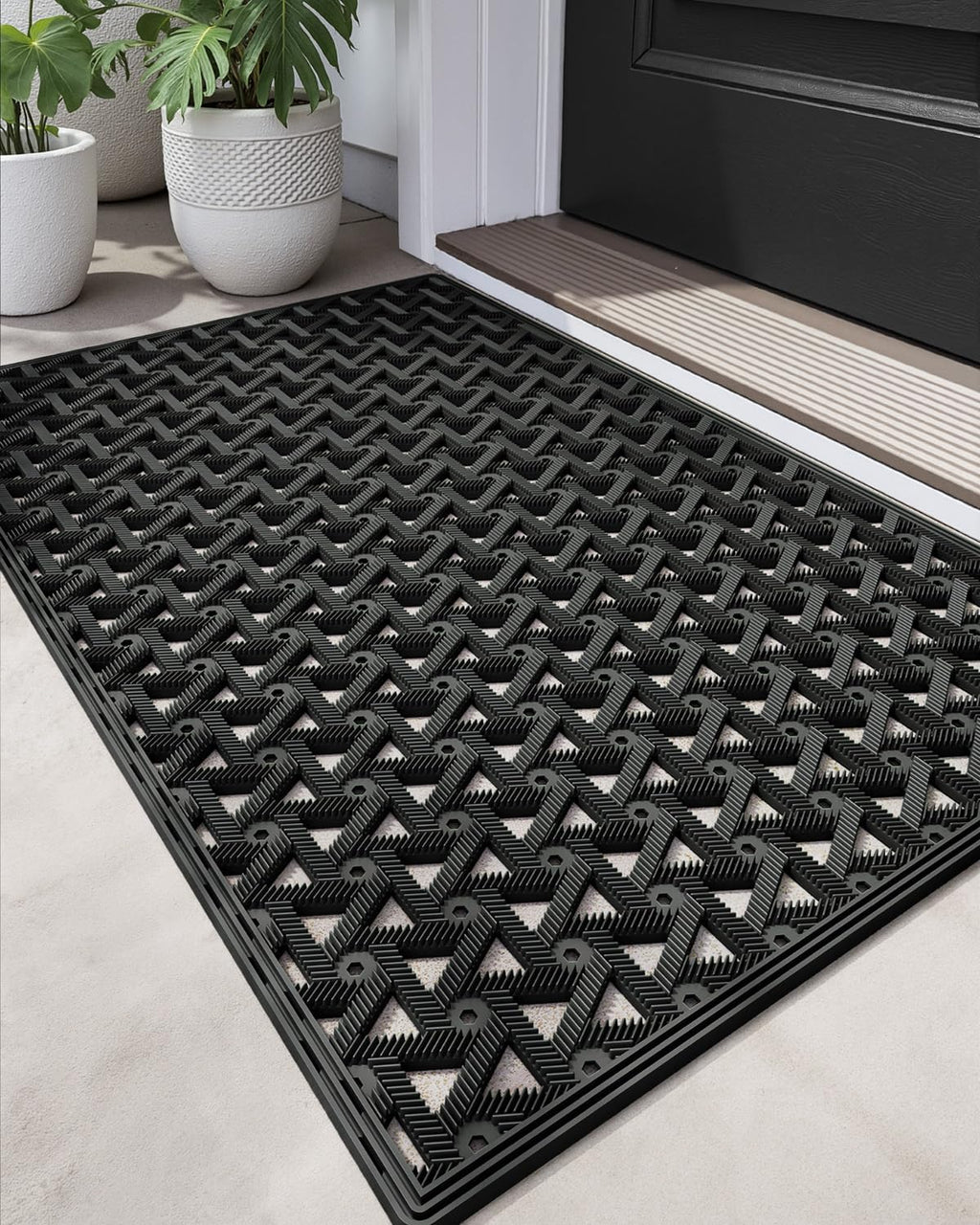 DEXI Front Door Mat Outside Entrance Rubber 19x30, Welcome Floor Doormat Heavy Duty Non Slip, Dirt Trapper Waterproof Exterior Entry Mats All Weather for Patio Entryway Drainage, Black